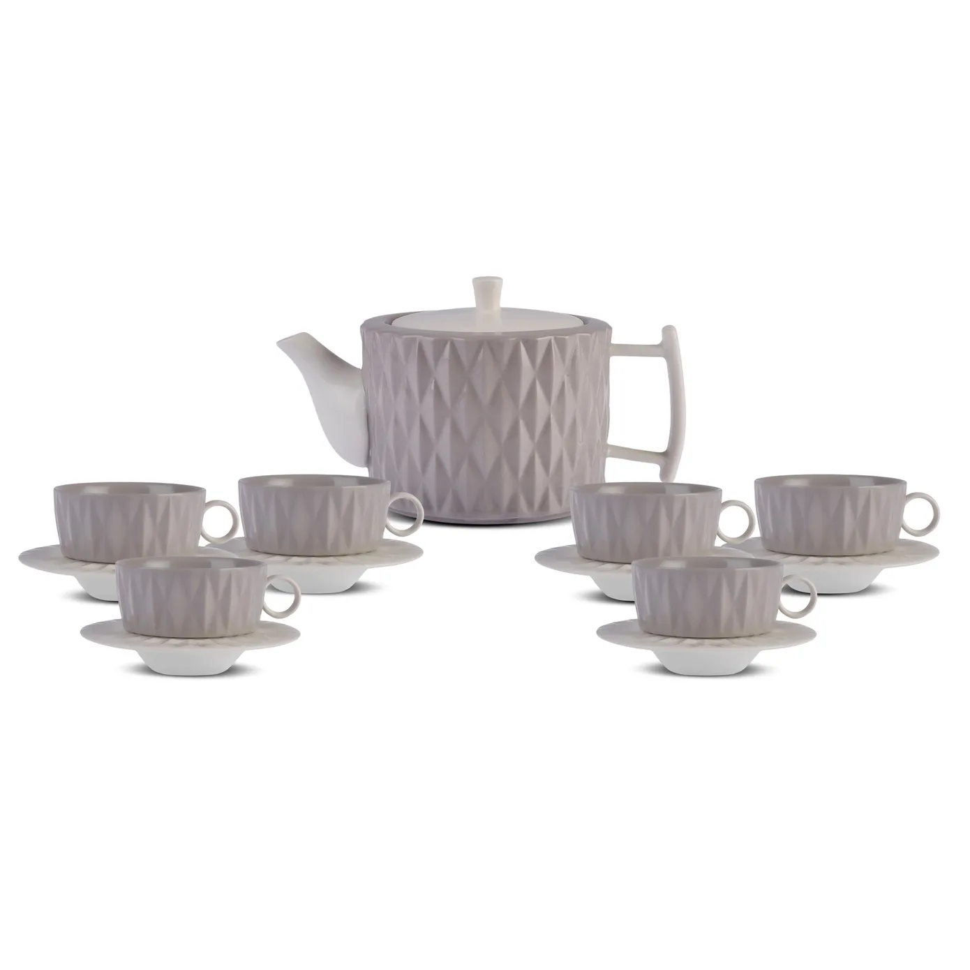 Karaca Miu 13-Piece Ceramic Tea Cup and Saucer Set for 6 People, Grey-White - Image 6