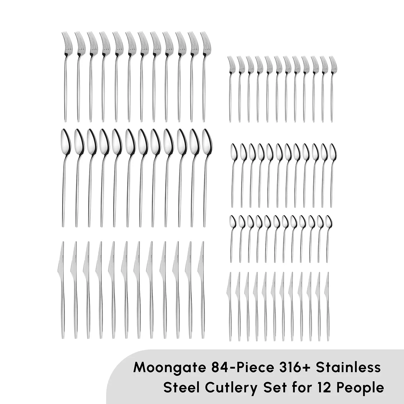 Karaca Moongate 84-Piece 316+ Stainless Steel Cutlery Set for 12 People, Silver - Image 2