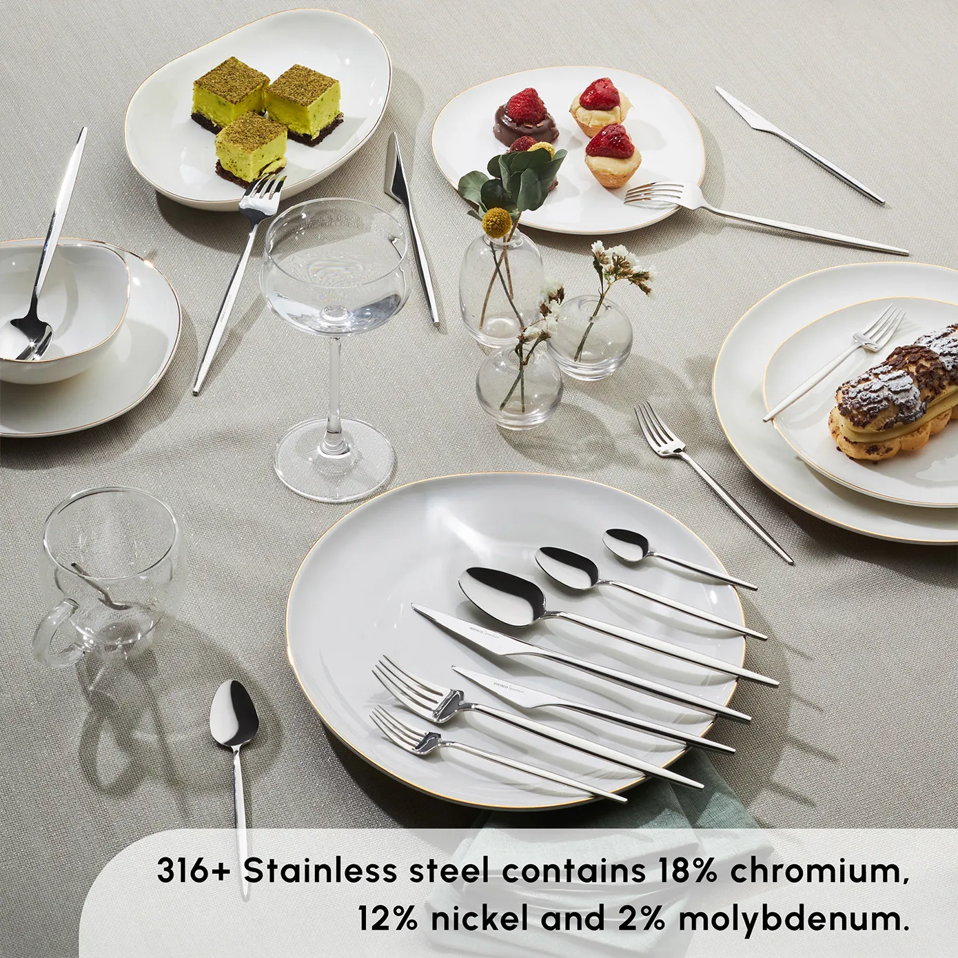 Karaca Moongate 84-Piece 316+ Stainless Steel Cutlery Set for 12 People, Silver - Image 4