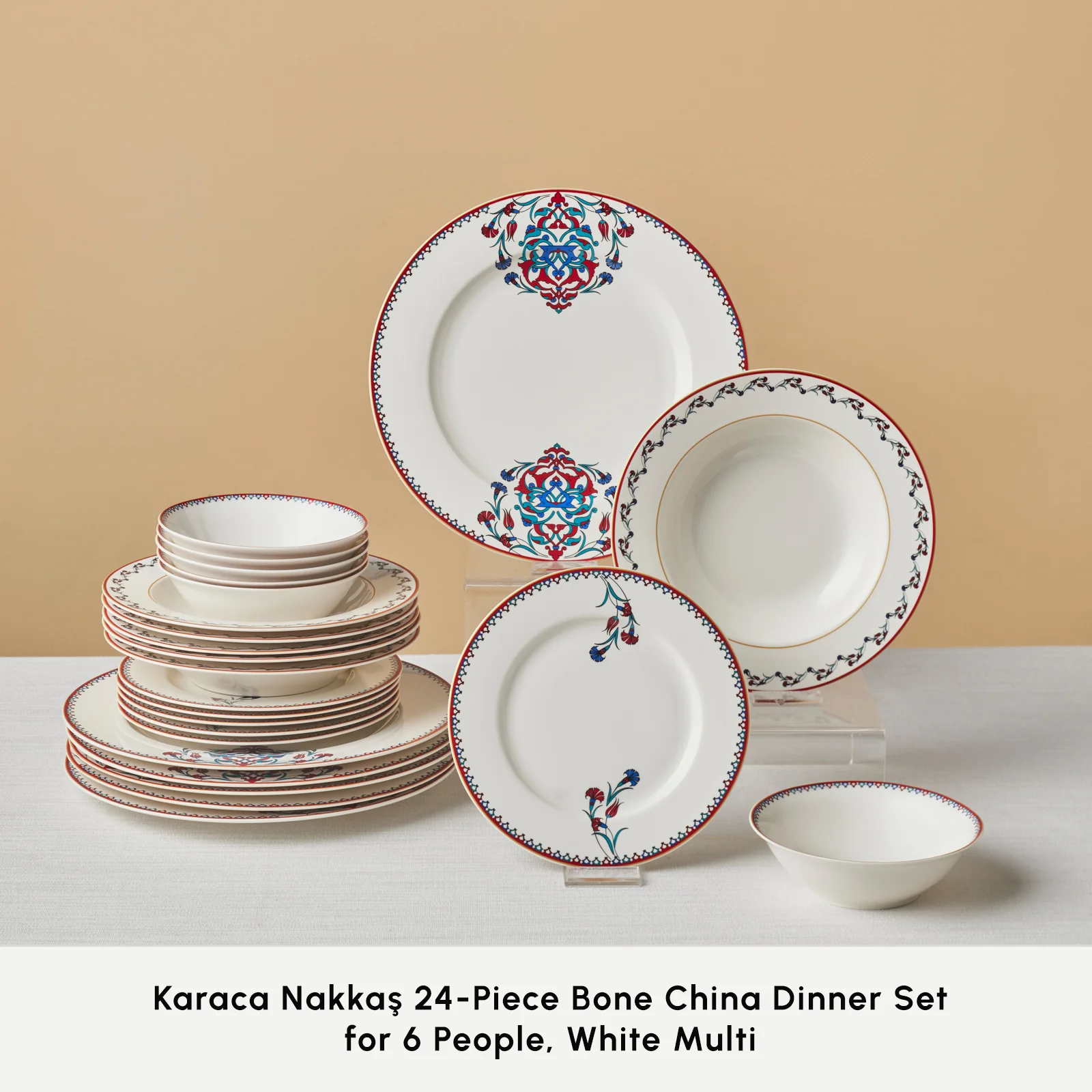 Karaca Nakkaş 24-Piece Bone China Dinner Set for 6 People, White Multi - Image 3