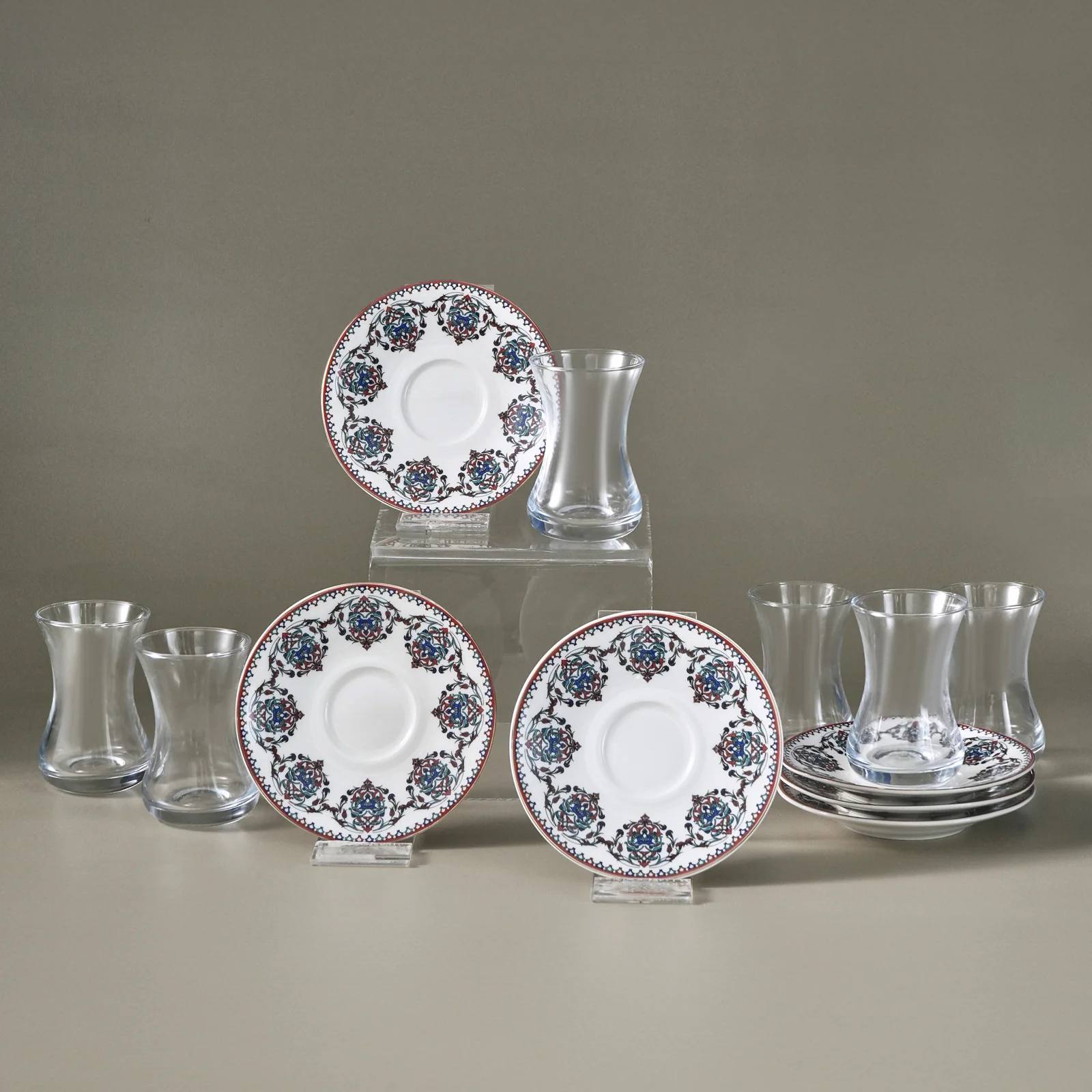 Karaca Nakkas V2 12-Piece Bone China Turkish Tea Set for 6 People, 130ml, Red