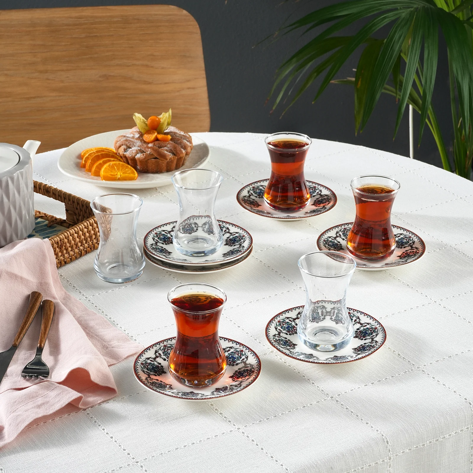 Karaca Nakkas V2 12-Piece Bone China Turkish Tea Set for 6 People, 130ml, Red - Image 2