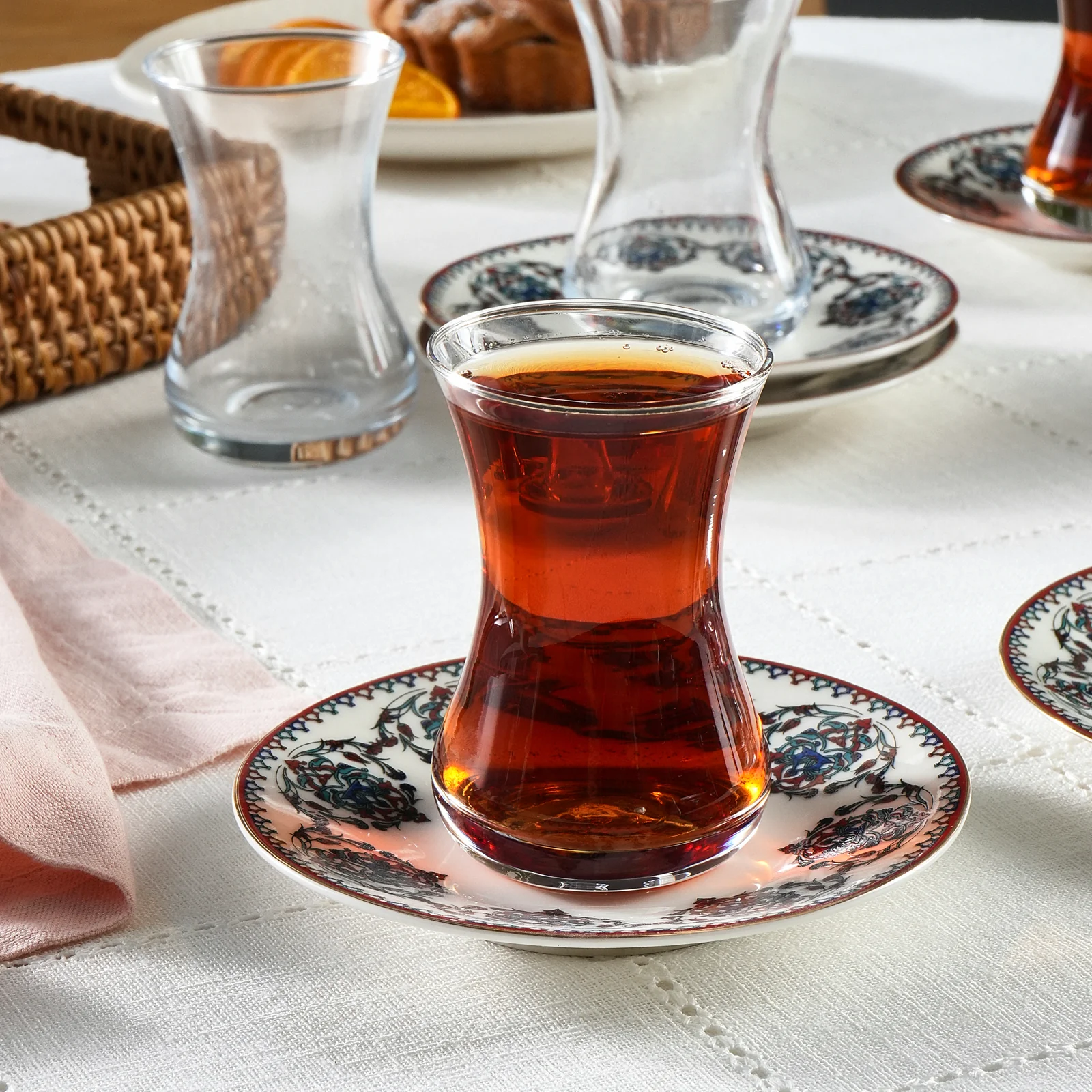 Karaca Nakkas V2 12-Piece Bone China Turkish Tea Set for 6 People, 130ml, Red - Image 4