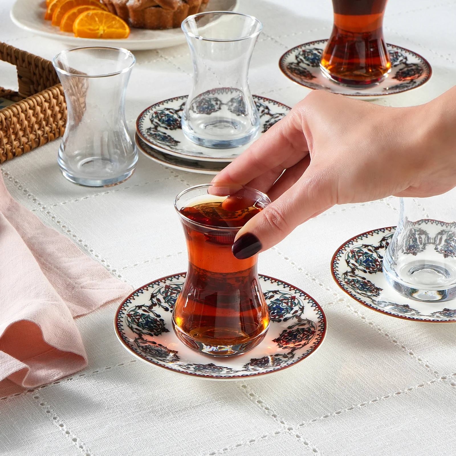 Karaca Nakkas V2 12-Piece Bone China Turkish Tea Set for 6 People, 130ml, Red - Image 5
