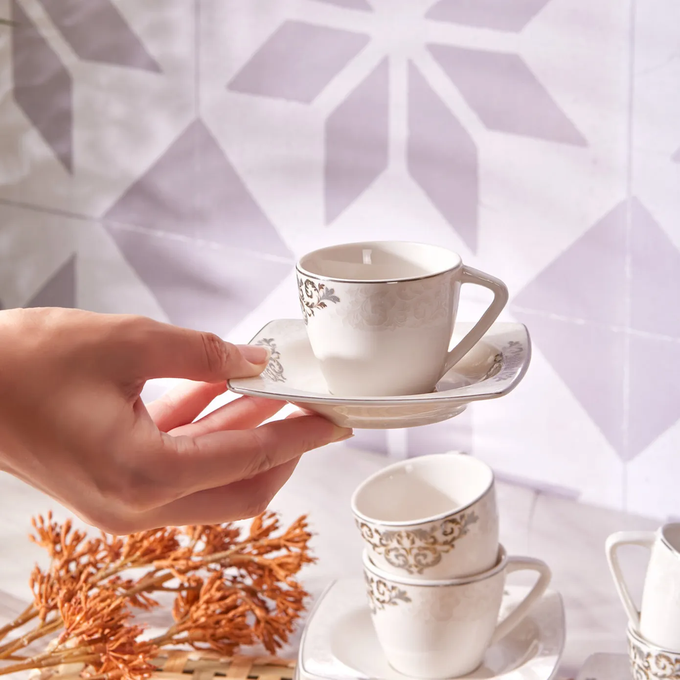 Karaca Nazende 12 Piece Porcelain Espresso Turkish Coffee Cup Set for 6 People, 80ml, White Platinum - Image 3