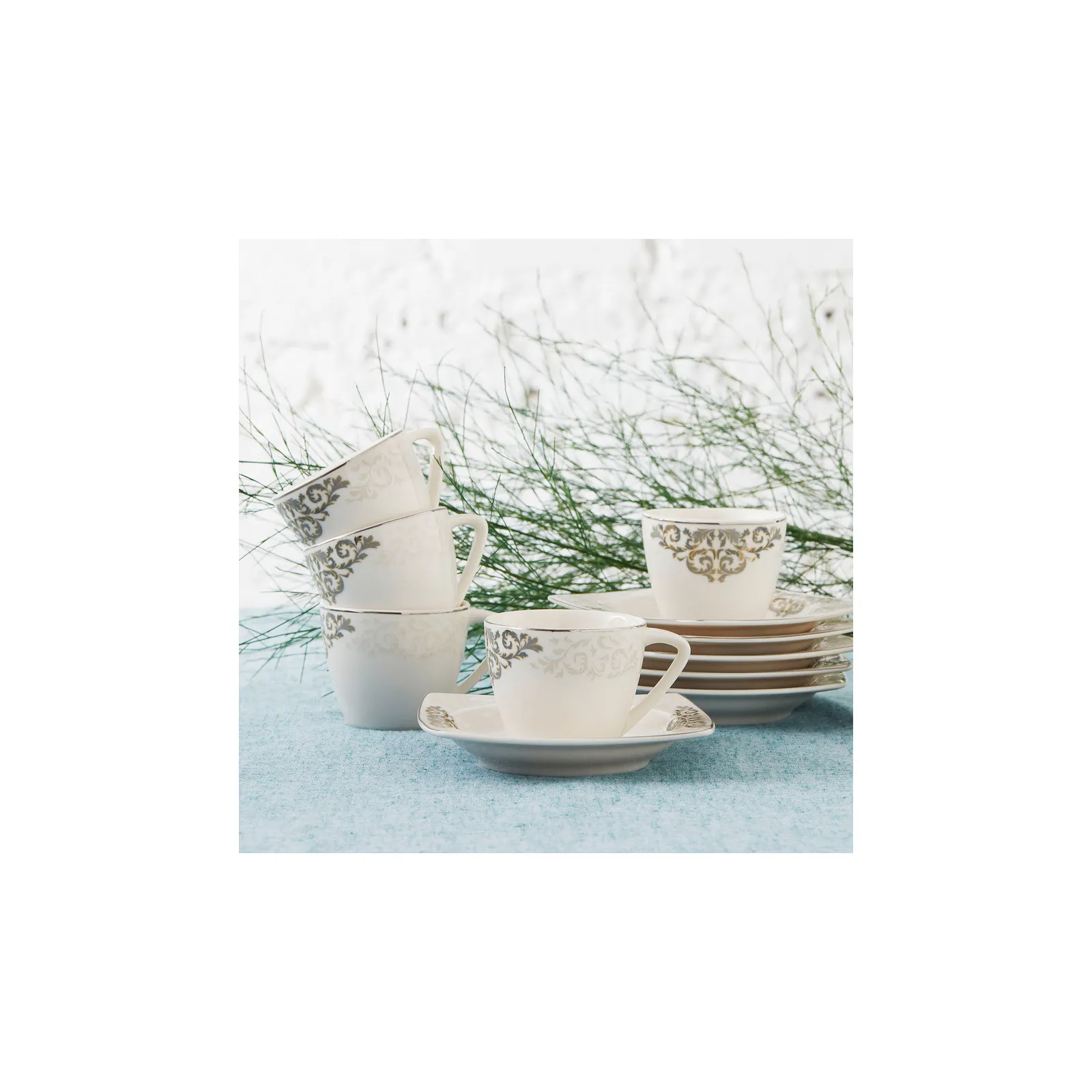 Karaca Nazende 12 Piece Porcelain Espresso Turkish Coffee Cup Set for 6 People, 80ml, White Platinum - Image 4