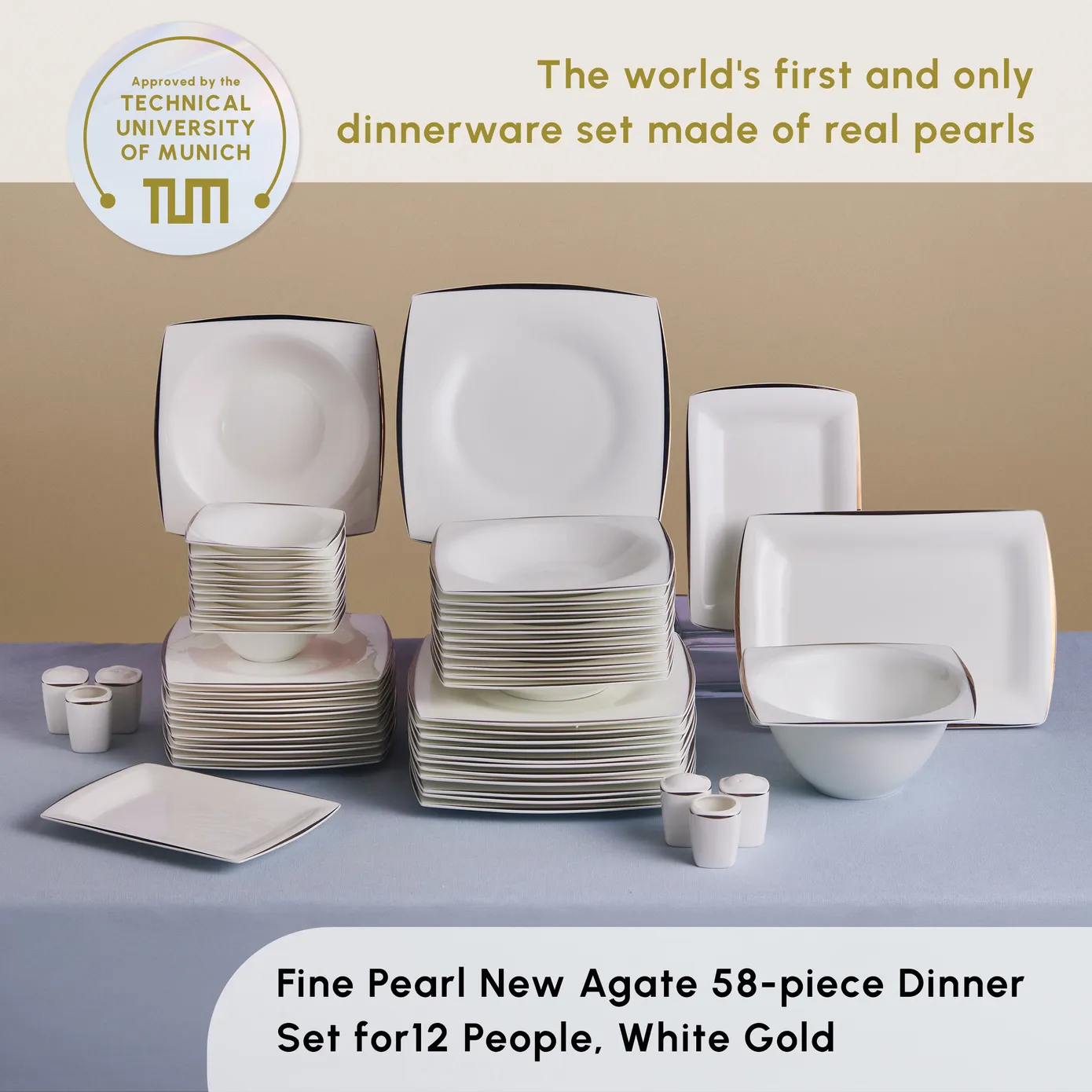Karaca Fine Pearl New Agate 58-Piece Dinner Set for 12 People, White Gold - Image 3