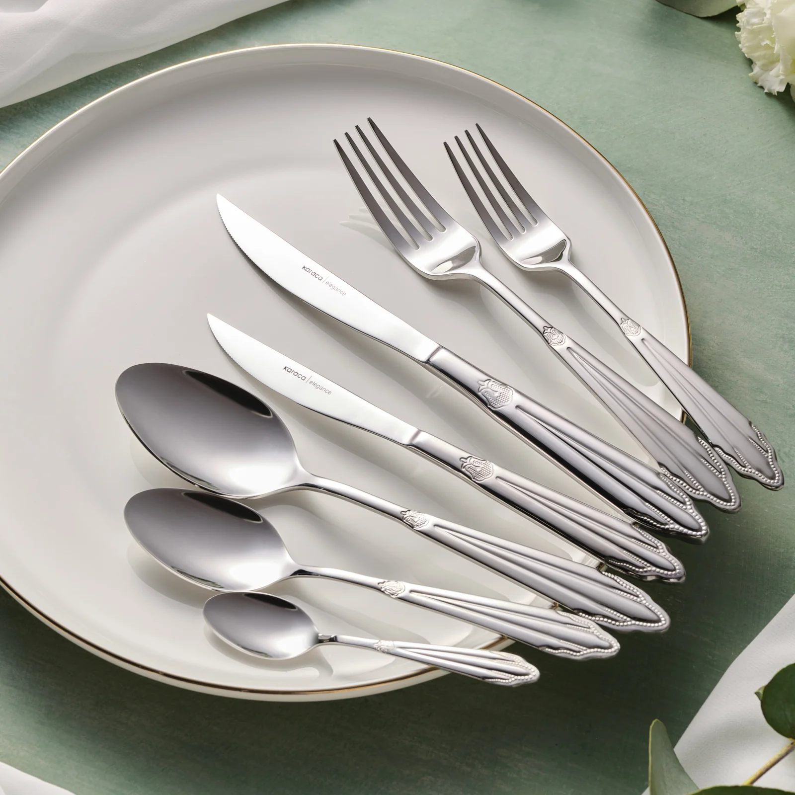 Karaca New Mantilla 84-Piece Stainless Steel Cutlery Set for 12 People, Platin