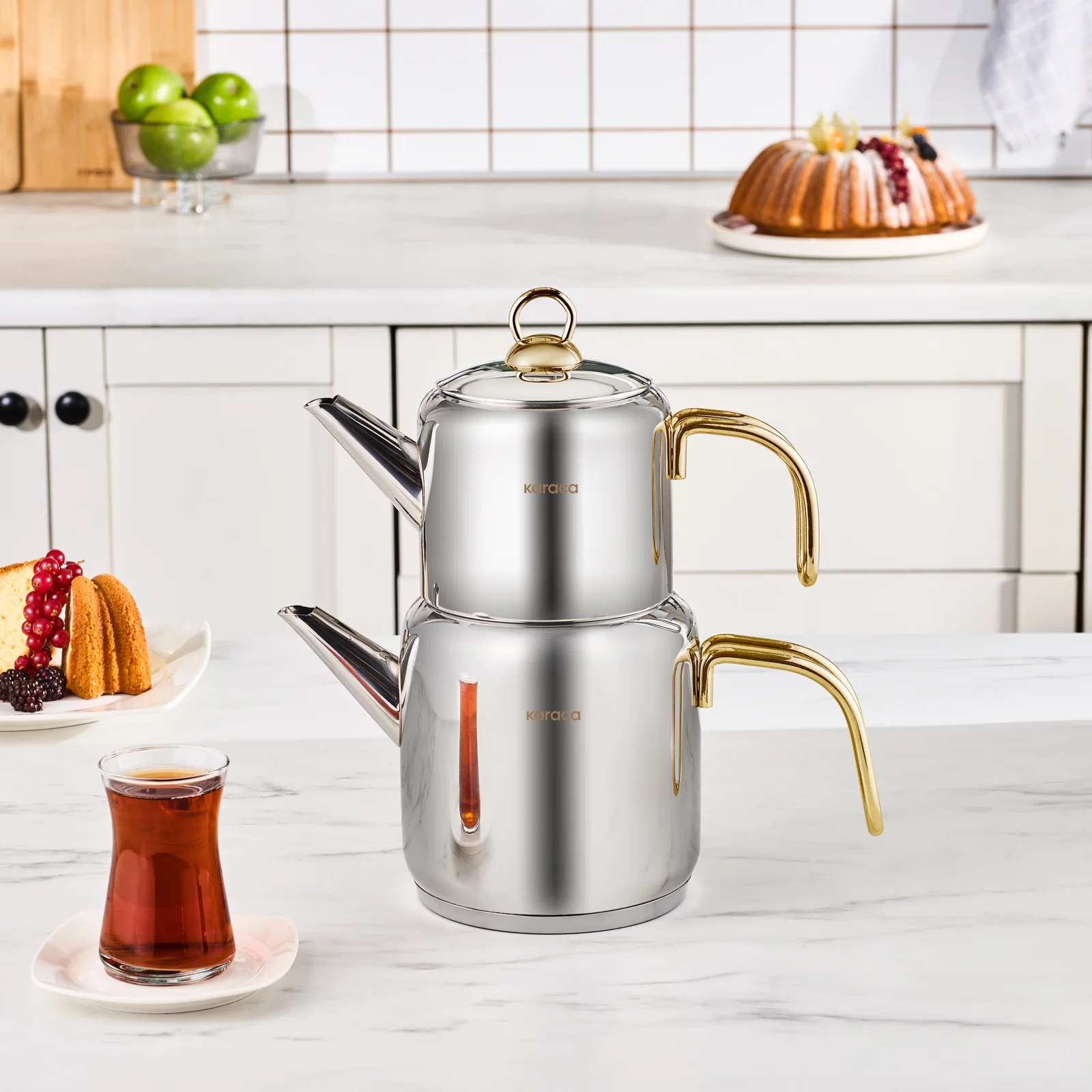 Karaca New Mira Midi Size Stainless Steel Teapot Set, Large, Gold - Image 3