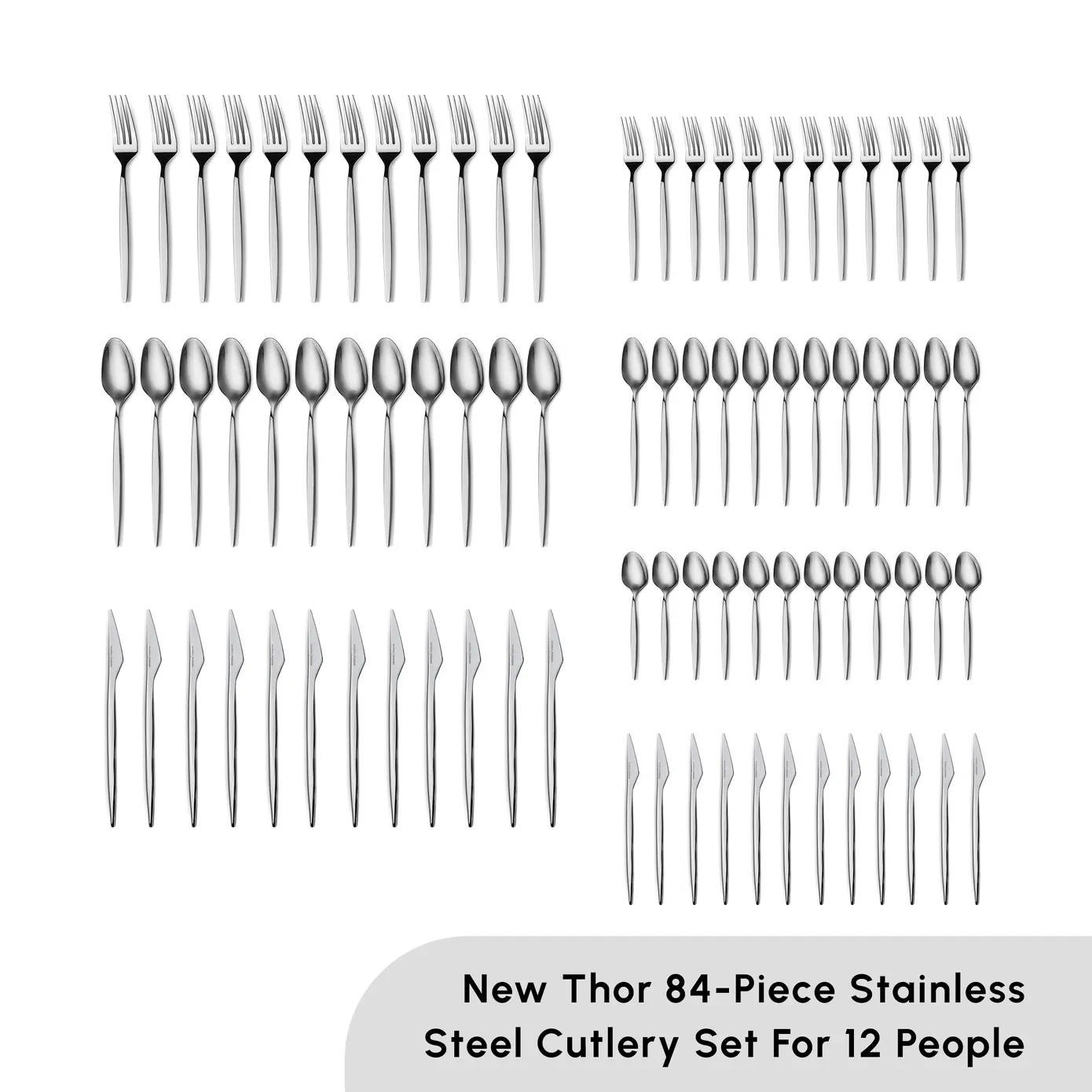 Karaca New Thor 84-Piece Stainless Steel Cutlery Set for 12 People, Silver - Image 2