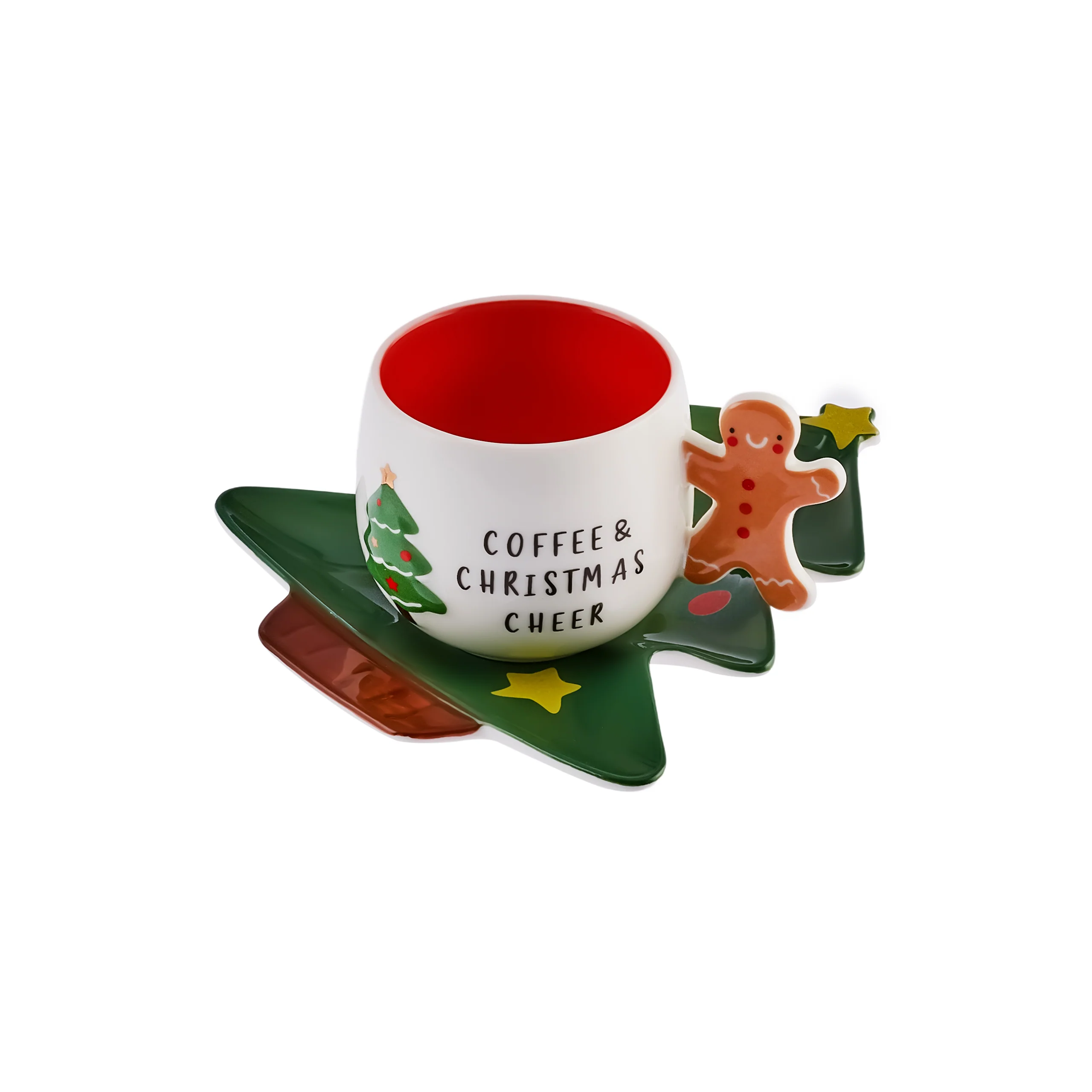 Karaca New Year Christmas 2-Piece Porcelain Tea Cup and Saucer Set, 180ml, White Green - Image 2