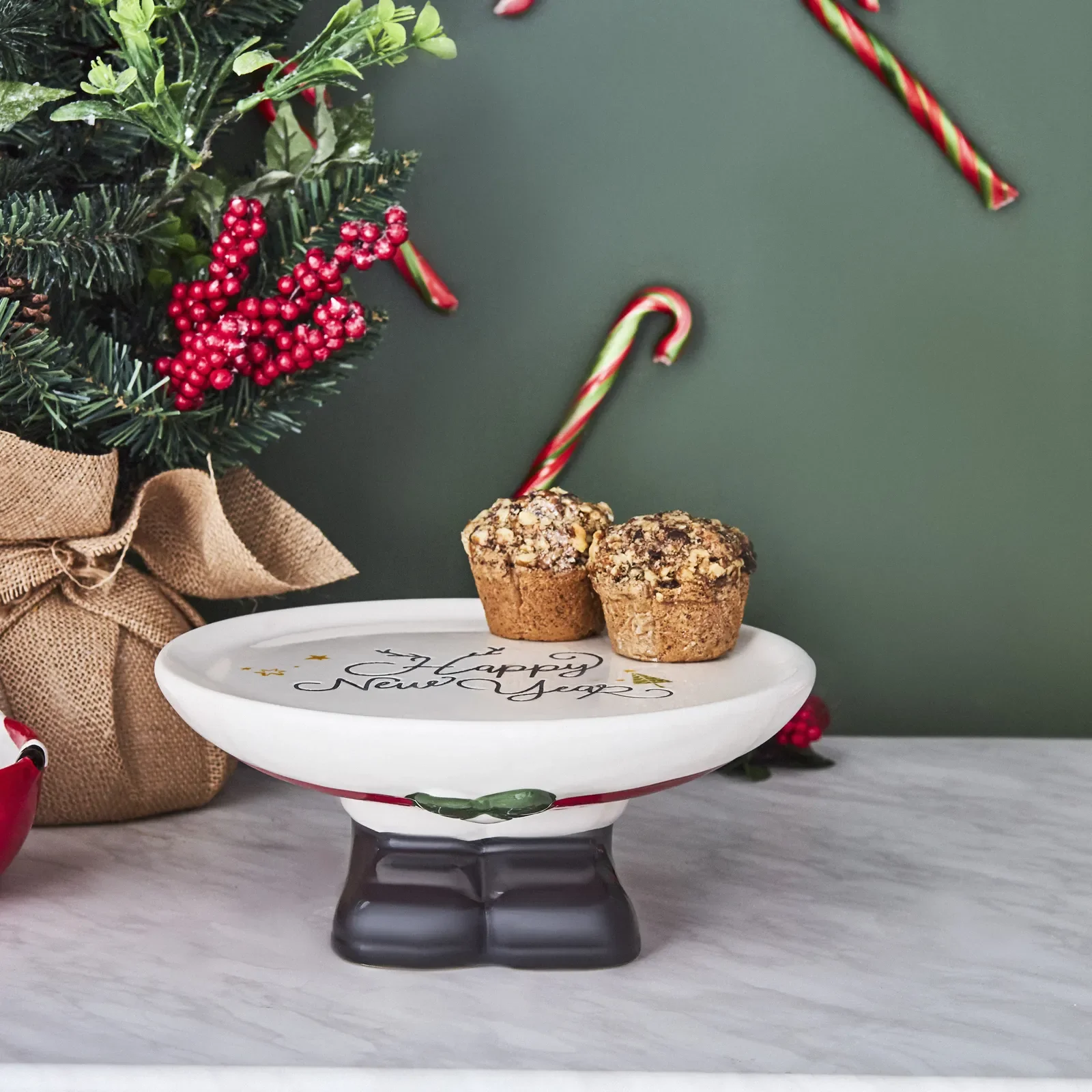 Karaca New Year Christmas Ceramic Cake Stand, 25.2cmx25.2cmx10.6cm, Multi - Image 2