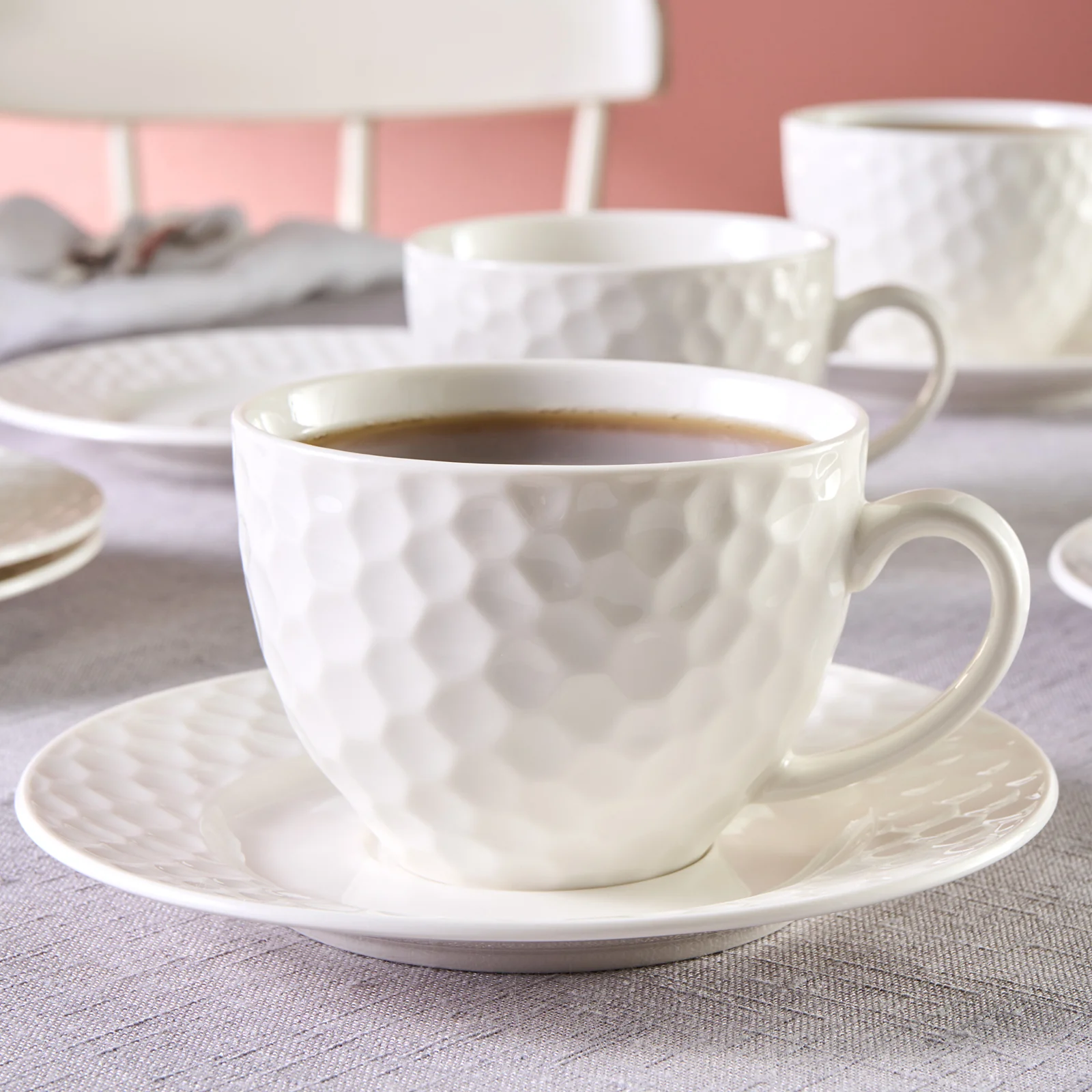 Karaca Nora Embossed 12-Piece Bone China Tea Cup and Saucer Set for 6 People, 220ml, White - Image 3