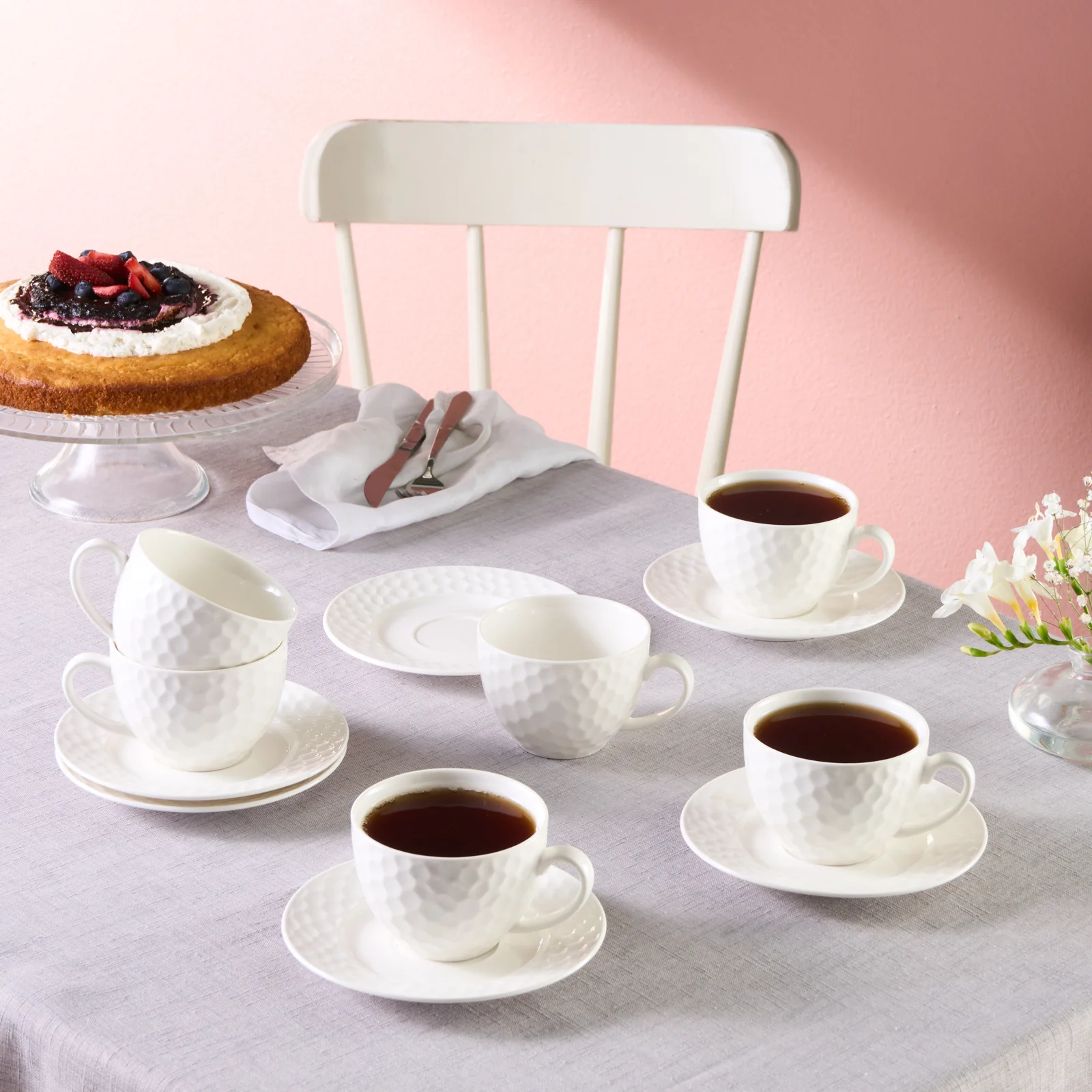 Karaca Nora Embossed 12-Piece Bone China Tea Cup and Saucer Set for 6 People, 220ml, White - Image 4