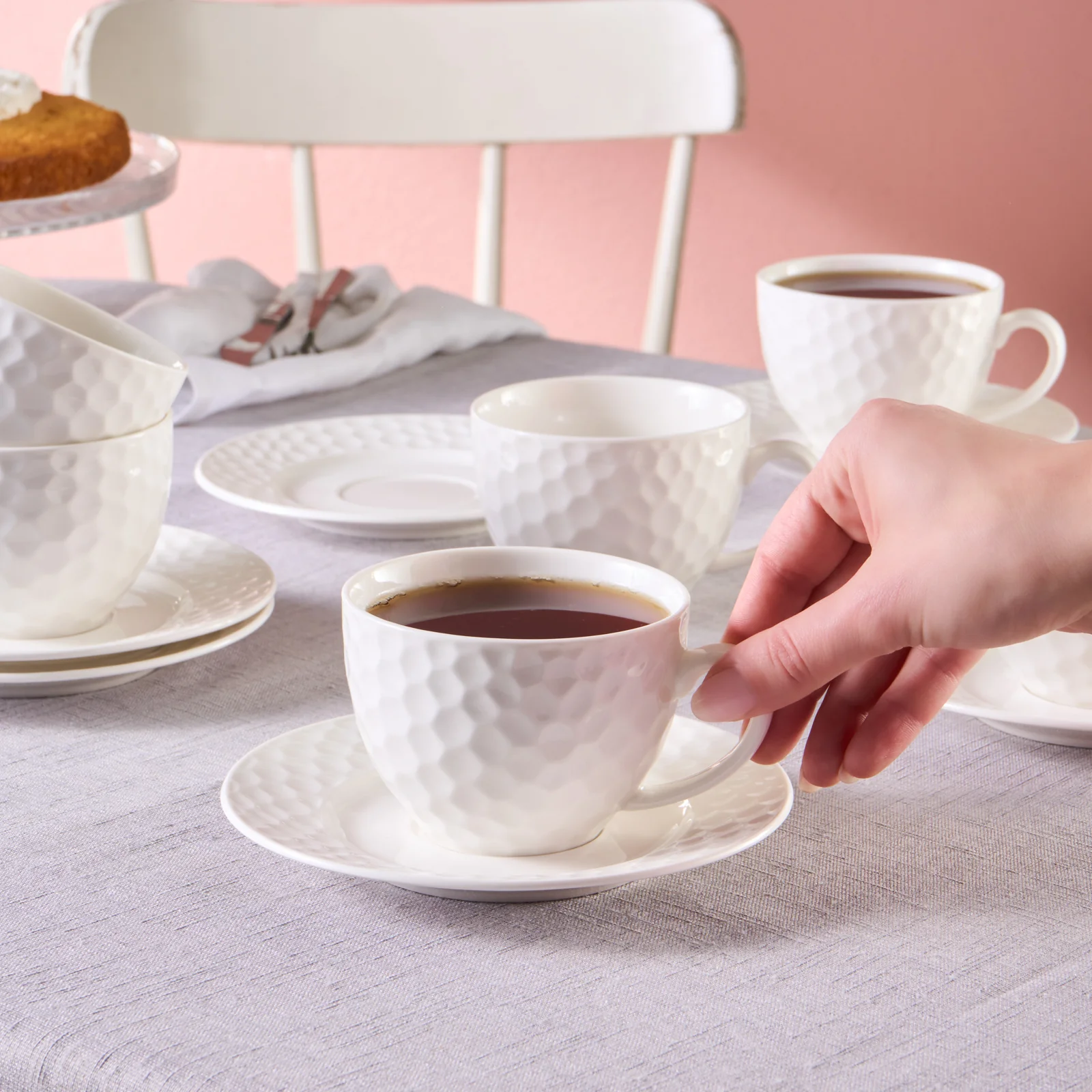 Karaca Nora Embossed 12-Piece Bone China Tea Cup and Saucer Set for 6 People, 220ml, White - Image 6