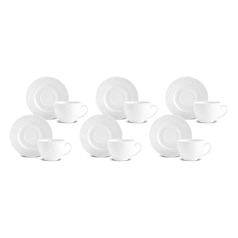 Karaca Nora Embossed 12-Piece Bone China Tea Cup and Saucer Set for 6 People, 220ml, White - Image 7