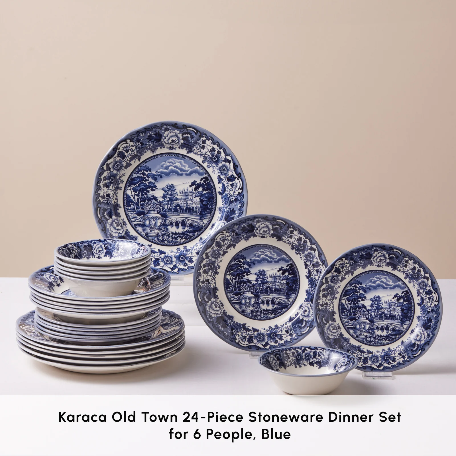 Karaca Old Town 24-Piece Stoneware Dinner Set for 6 People, Blue - Image 3