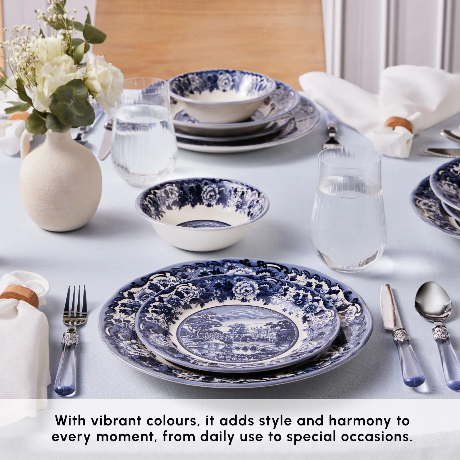 Karaca Old Town 24-Piece Stoneware Dinner Set for 6 People, Blue - Image 4