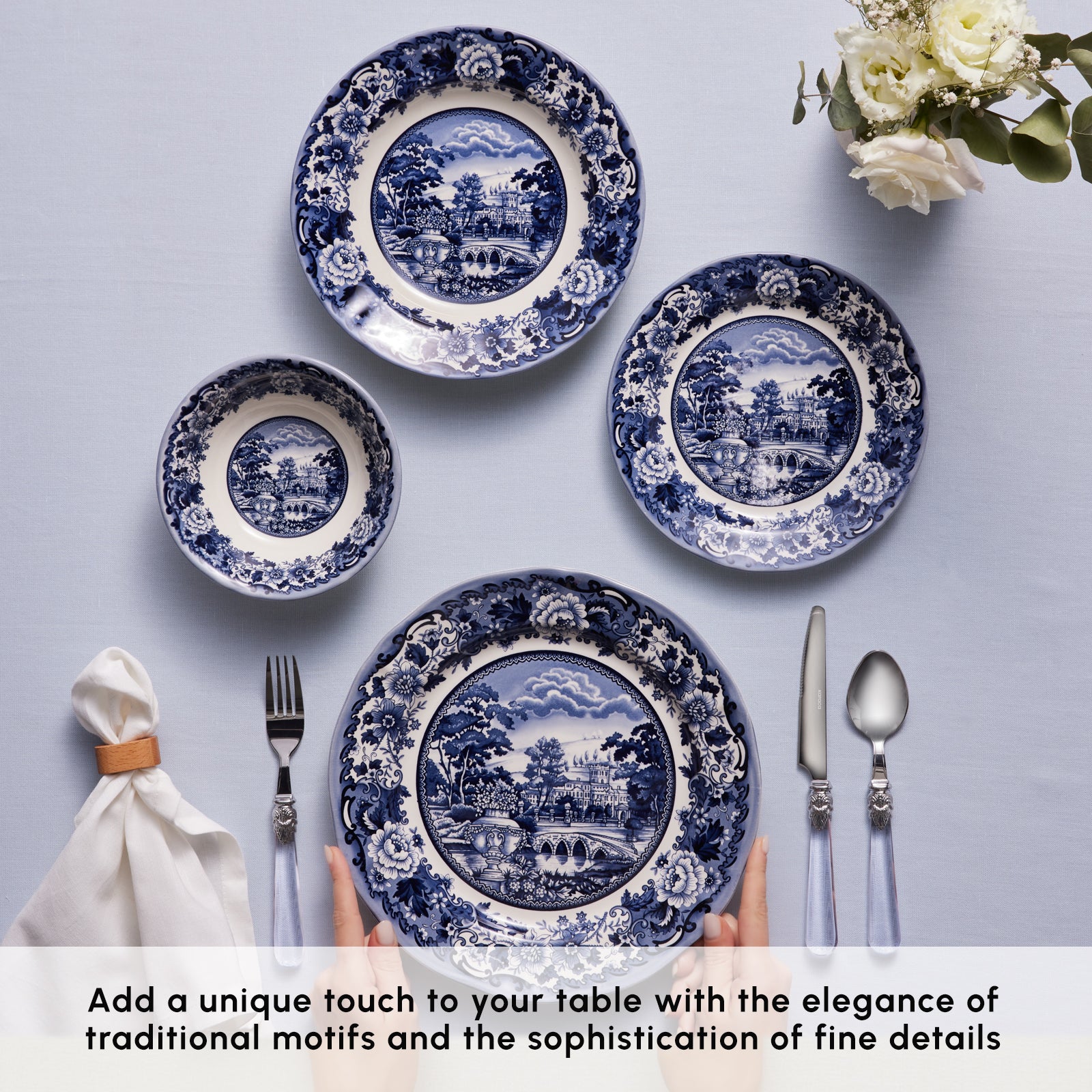 Karaca Old Town 24-Piece Stoneware Dinner Set for 6 People, Blue - Image 5
