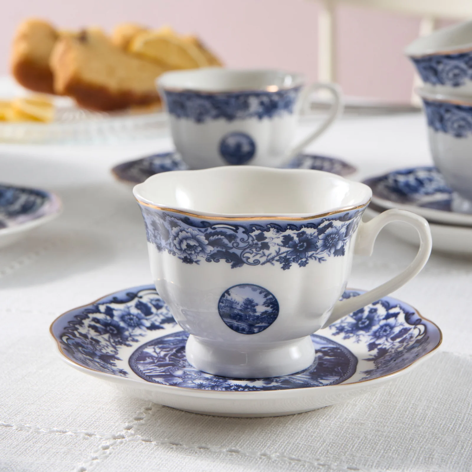 Karaca Old Town 12-Piece Bone China Espresso Turkish Coffee Cup Set for 6 People, 80ml, Blue - Image 2