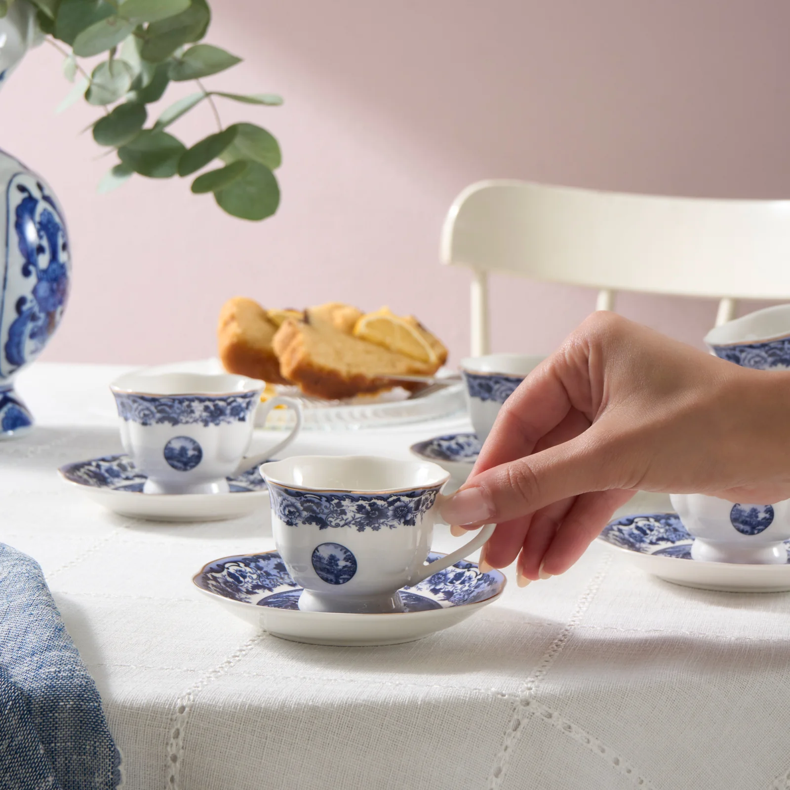 Karaca Old Town 12-Piece Bone China Espresso Turkish Coffee Cup Set for 6 People, 80ml, Blue - Image 3