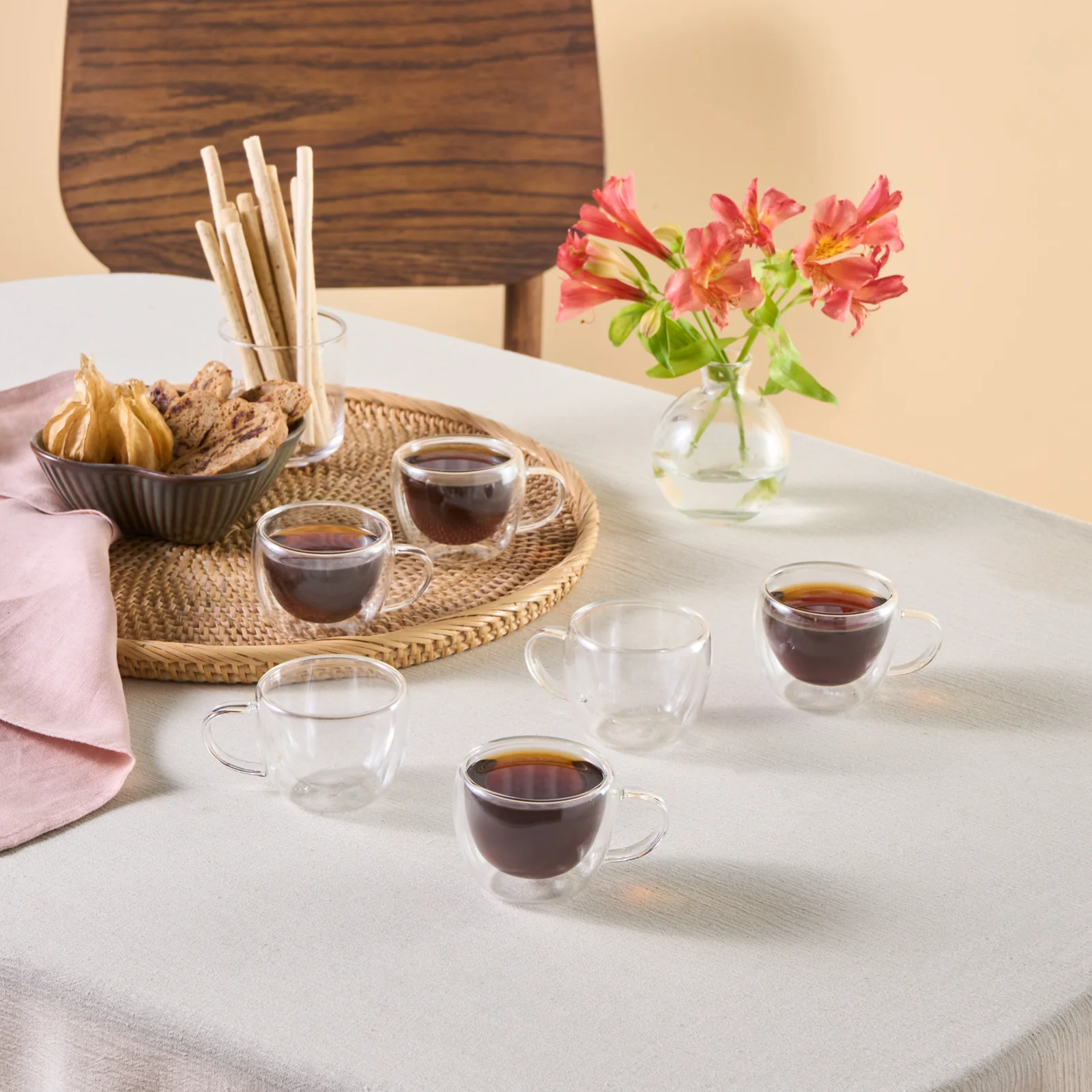 Karaca Olivia 6-Piece Double Wall Glass Espresso Turkish Coffee Cup Set for 6 People, 80ml, Clear