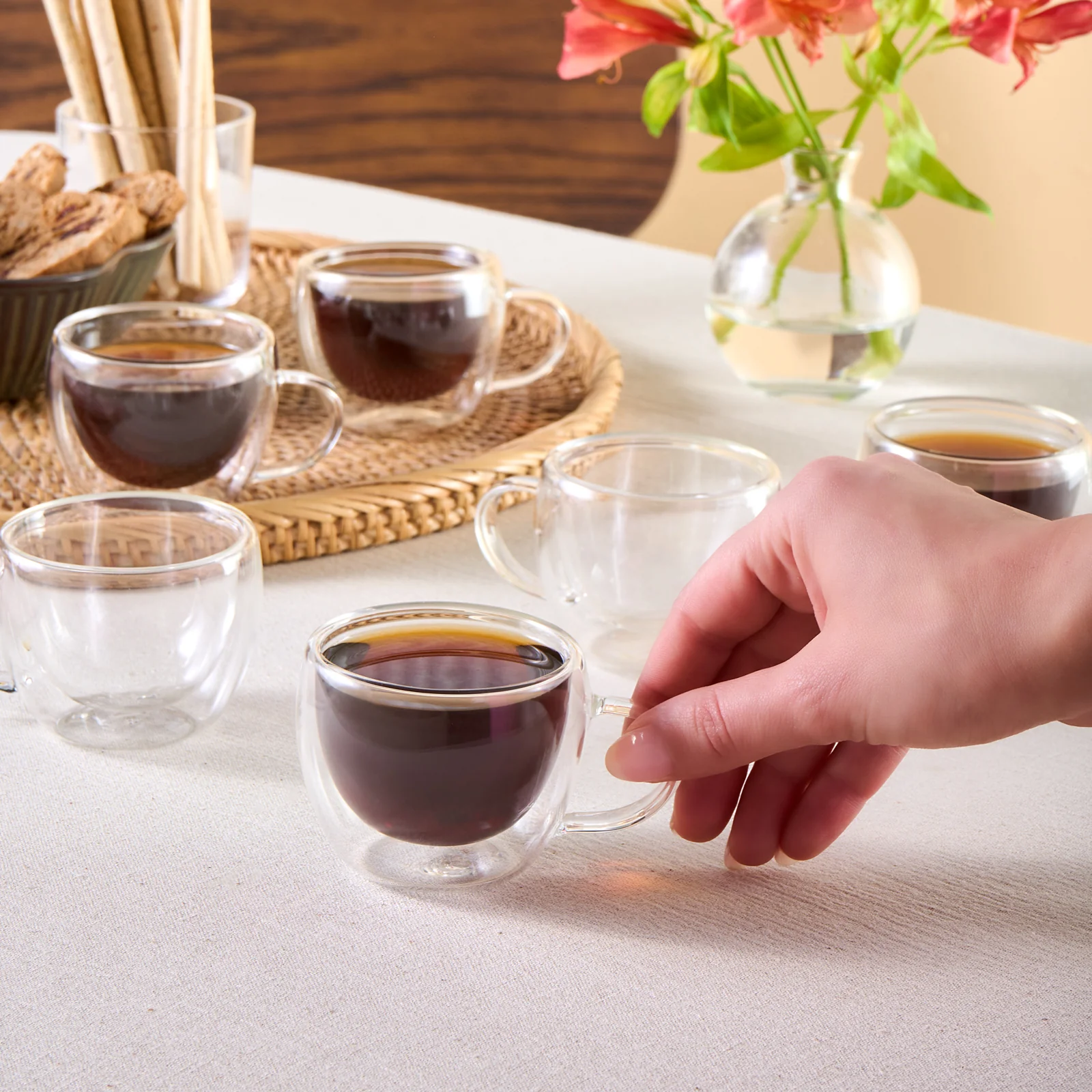 Karaca Olivia 6-Piece Double Wall Glass Espresso Turkish Coffee Cup Set for 6 People, 80ml, Clear - Image 2