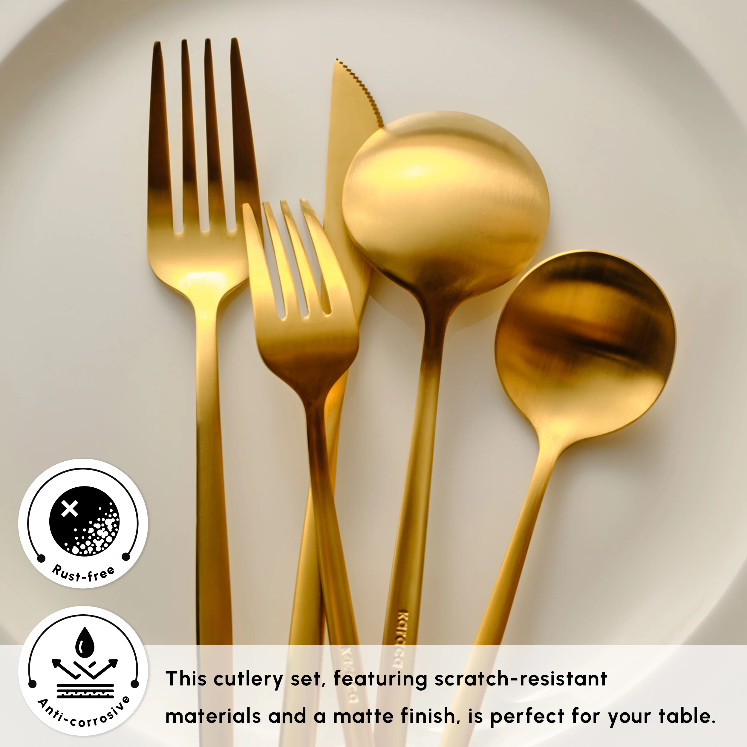 Karaca Orion 30-Piece Stainless Steel Cutlery Set for 6 People, Matte Gold - Image 5