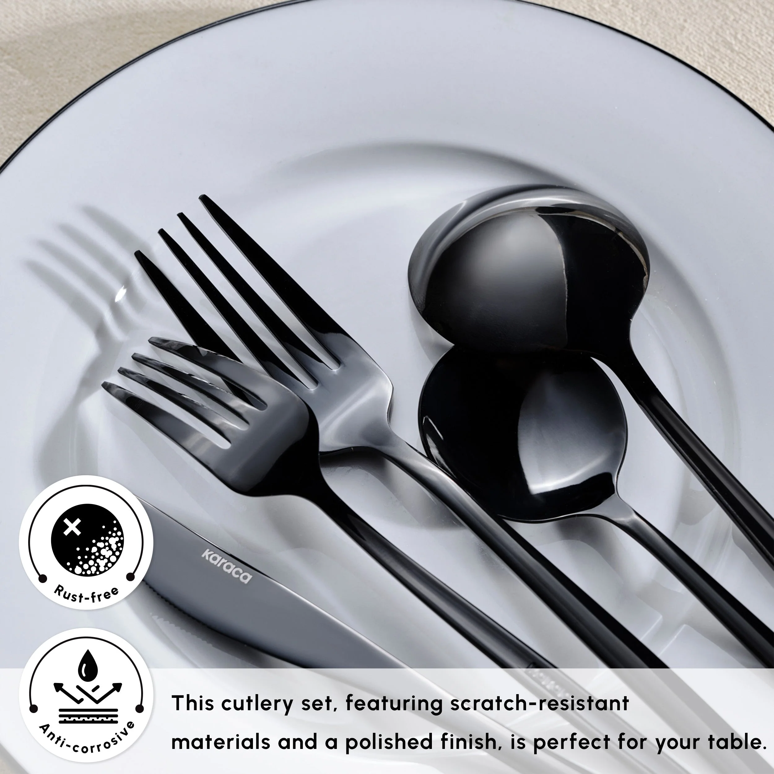 Karaca Orion 30-Piece Stainless Steel Cutlery Set for 6 People, Shiny Black - Image 5