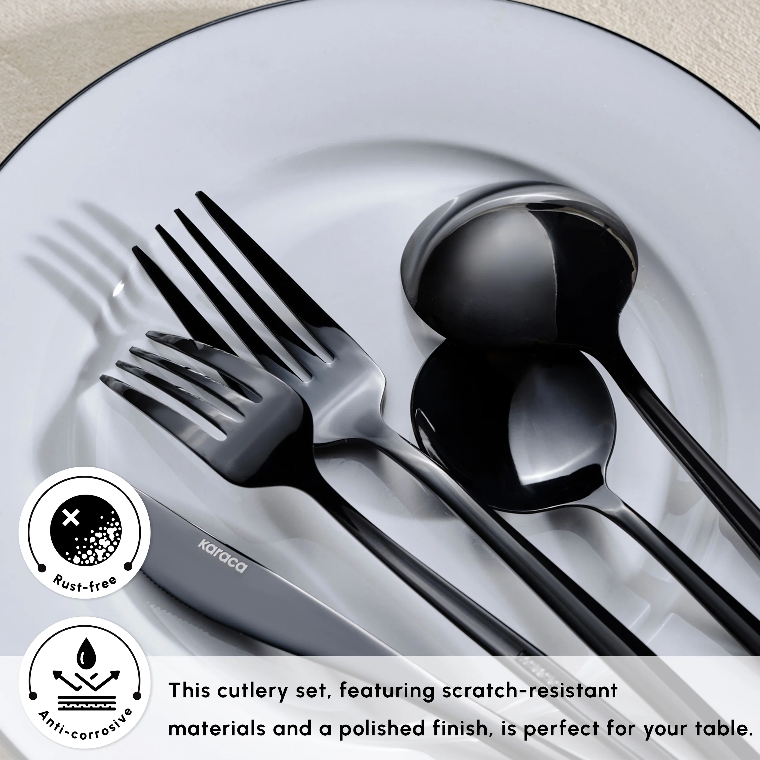 Karaca Orion 60-Piece Stainless Steel Cutlery Set for 12 People, Shiny Black - Image 5