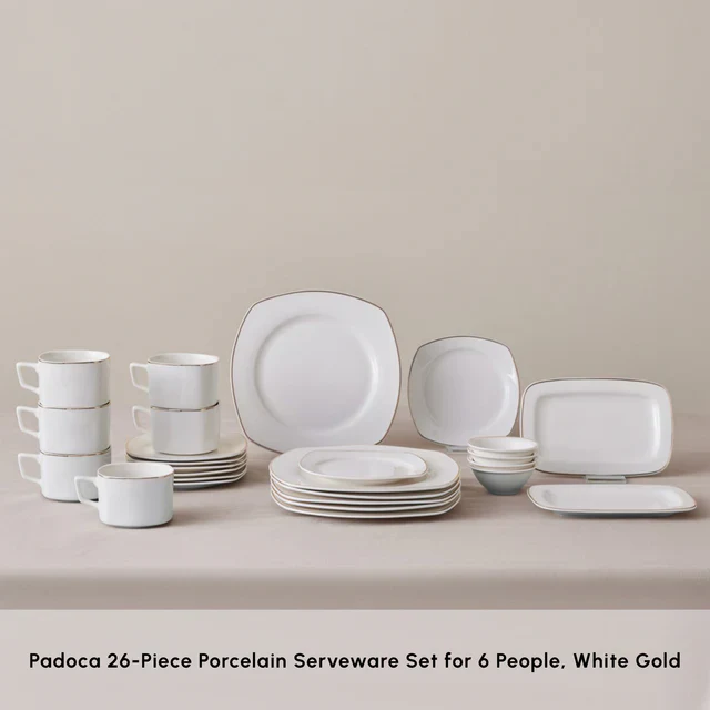 Karaca Elegance Bone Padoca 26-Piece Half Square Serveware Set for 6 People, Gold - Image 3