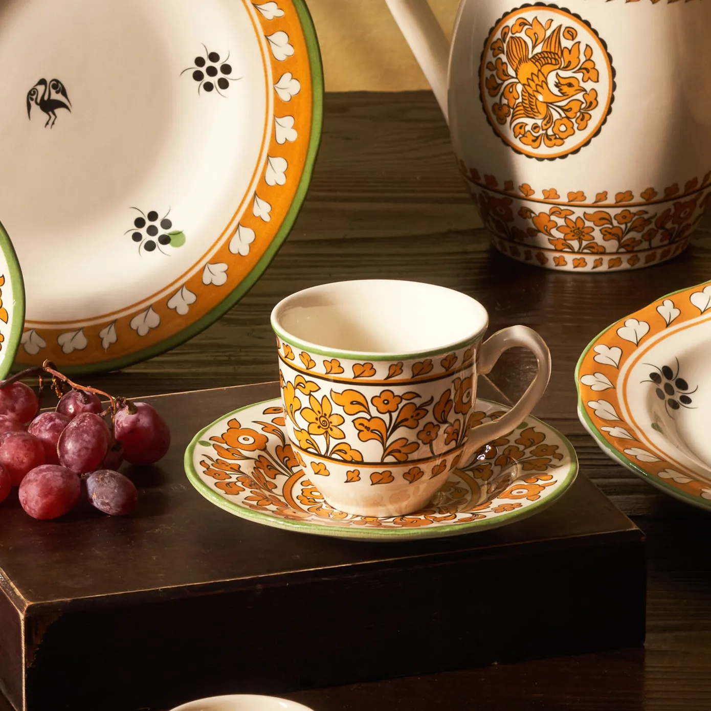 Karaca Paye Seljuk Collection 4 Piece Porcelain Tea Cup and Saucer Set for 2 People, 200ml, Multi