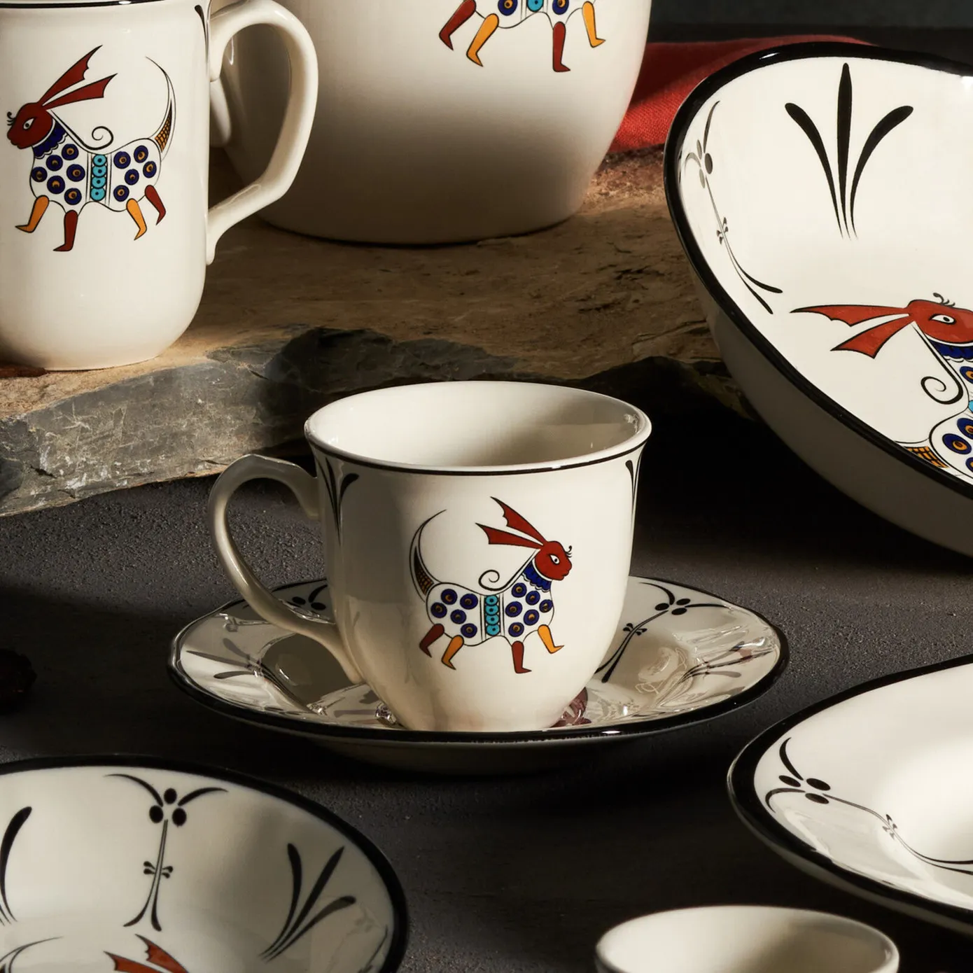 Karaca Paye Seljuk Collection 4 Piece Porcelain Tea Cup and Saucer Set for 2 People, 200ml, Multi - Image 3