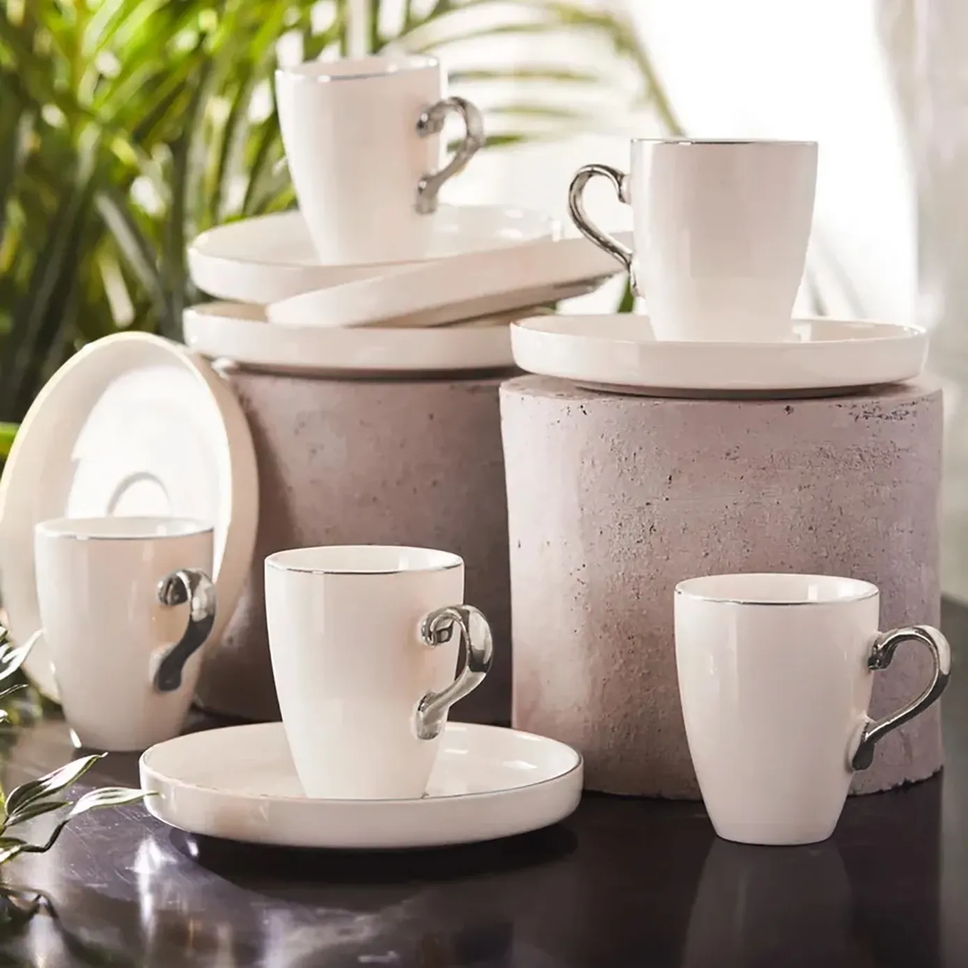 Karaca Pippo 12 Piece Porcelain Espresso Turkish Coffee Cup Set for 6 People, 75ml, White Silver - Image 2