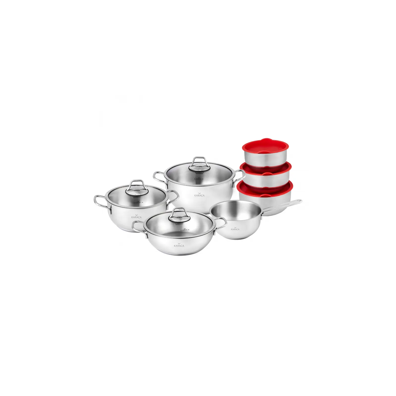 Karaca Pişir Sakla 13-Piece Non-Stick Stainless Steel Induction Cookware Set and Red Storage Container, Silver Red - Image 3