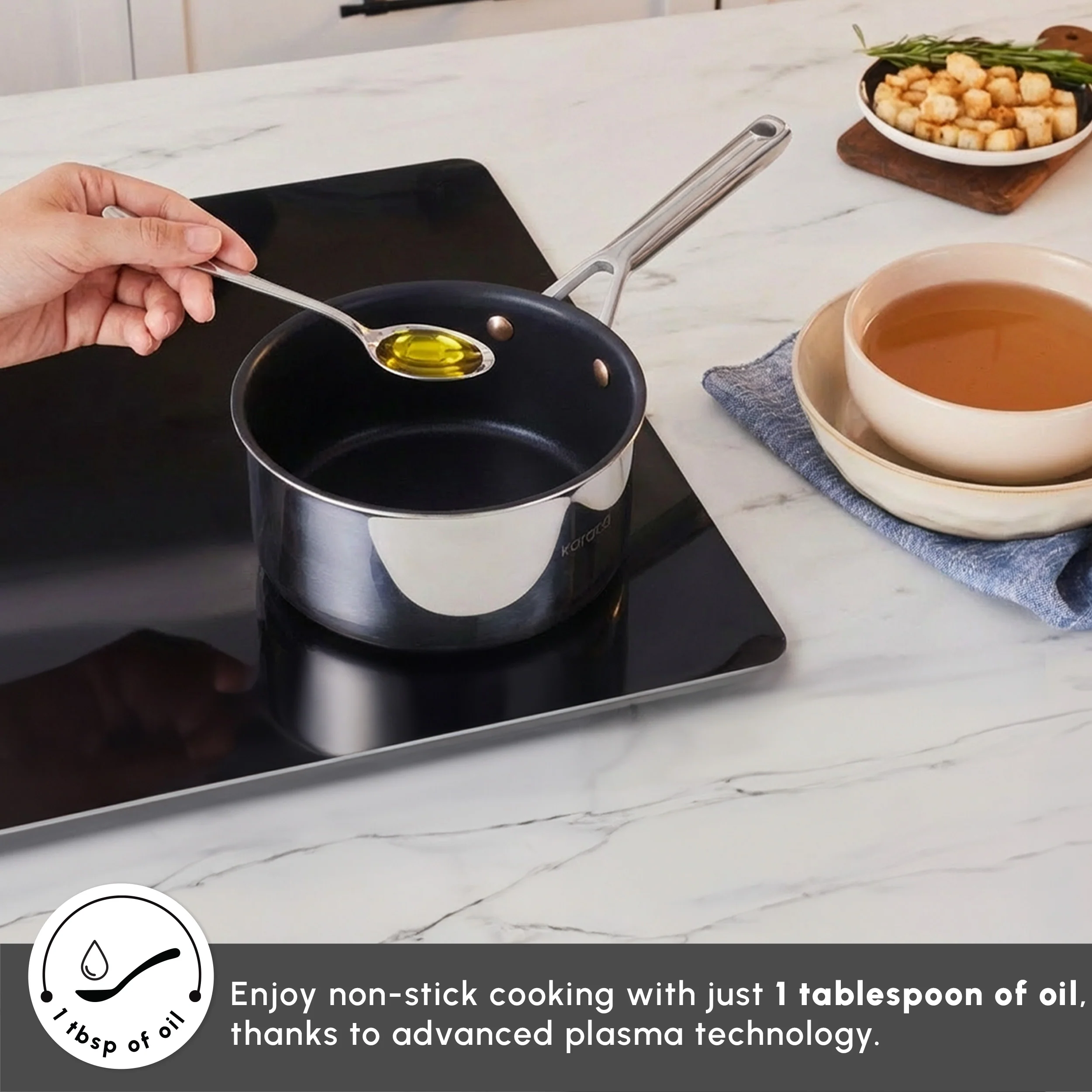 Karaca Plasma Steel 3Ply Non-Stick Sauce Pan, 18cm, Silver - Image 3