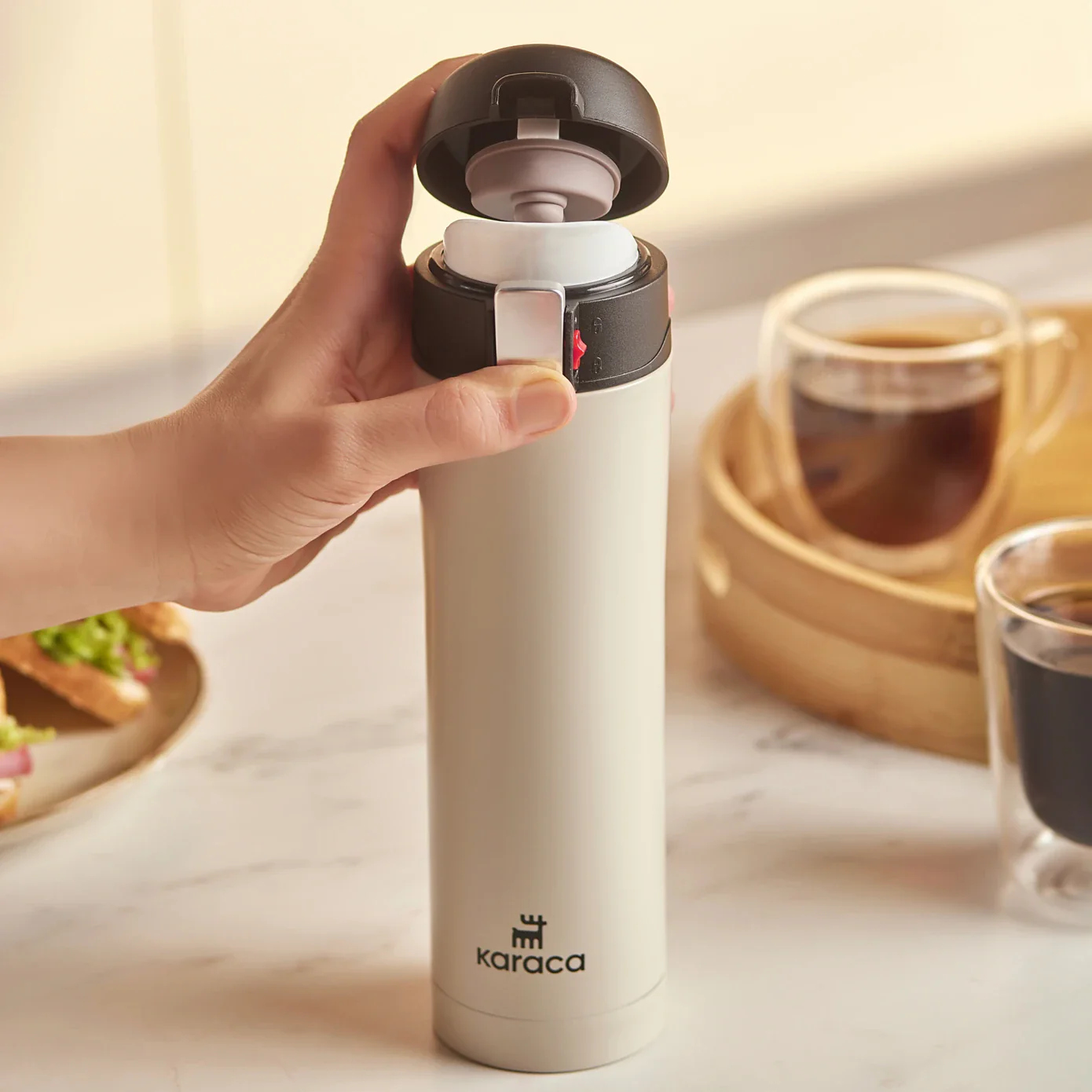 Karaca Pluton Stainless Steel Leak-Proof Flask, 450ml, Cream - Image 4