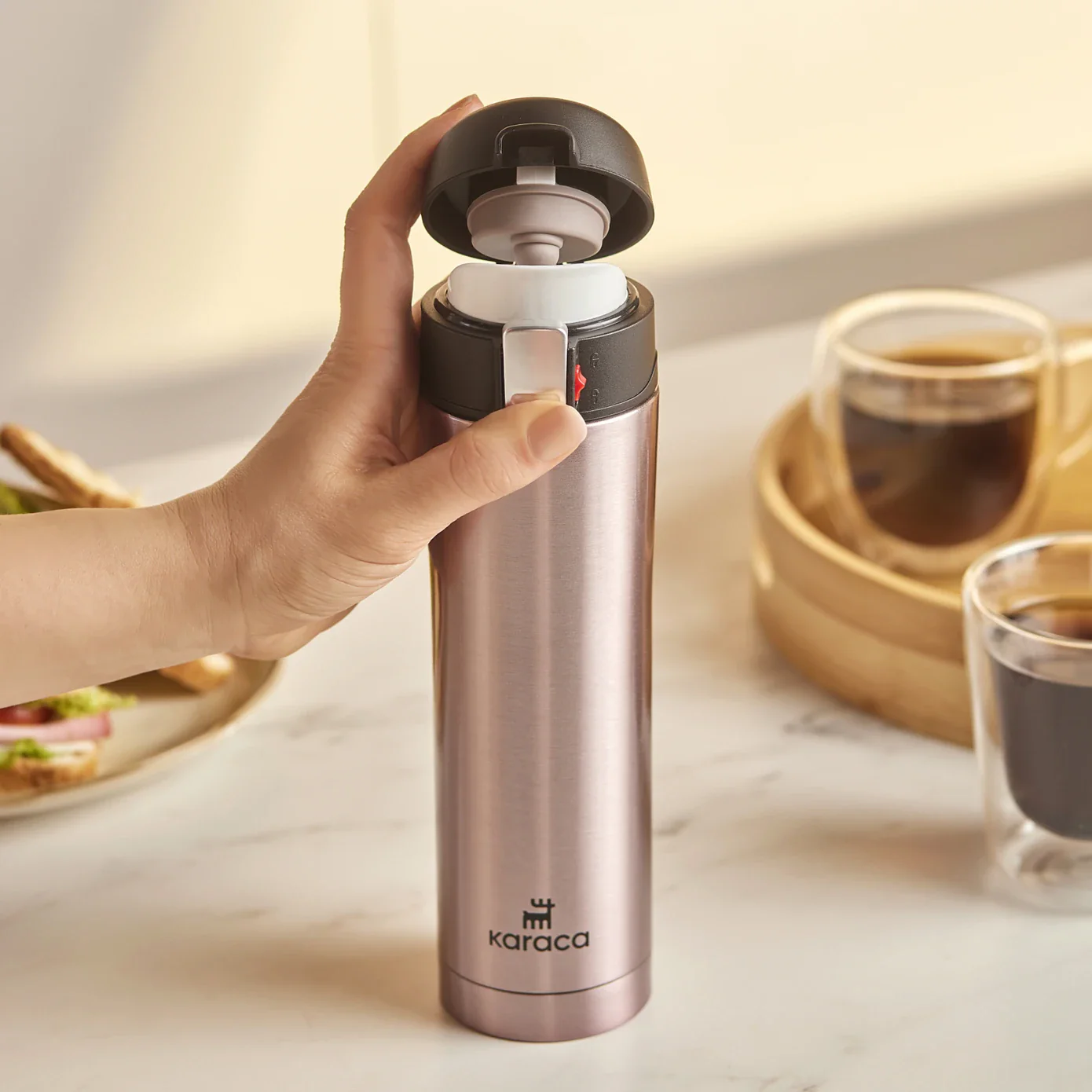 Karaca Pluton Stainless Steel Leak-Proof Flask, 450ml, Rose Gold - Image 4