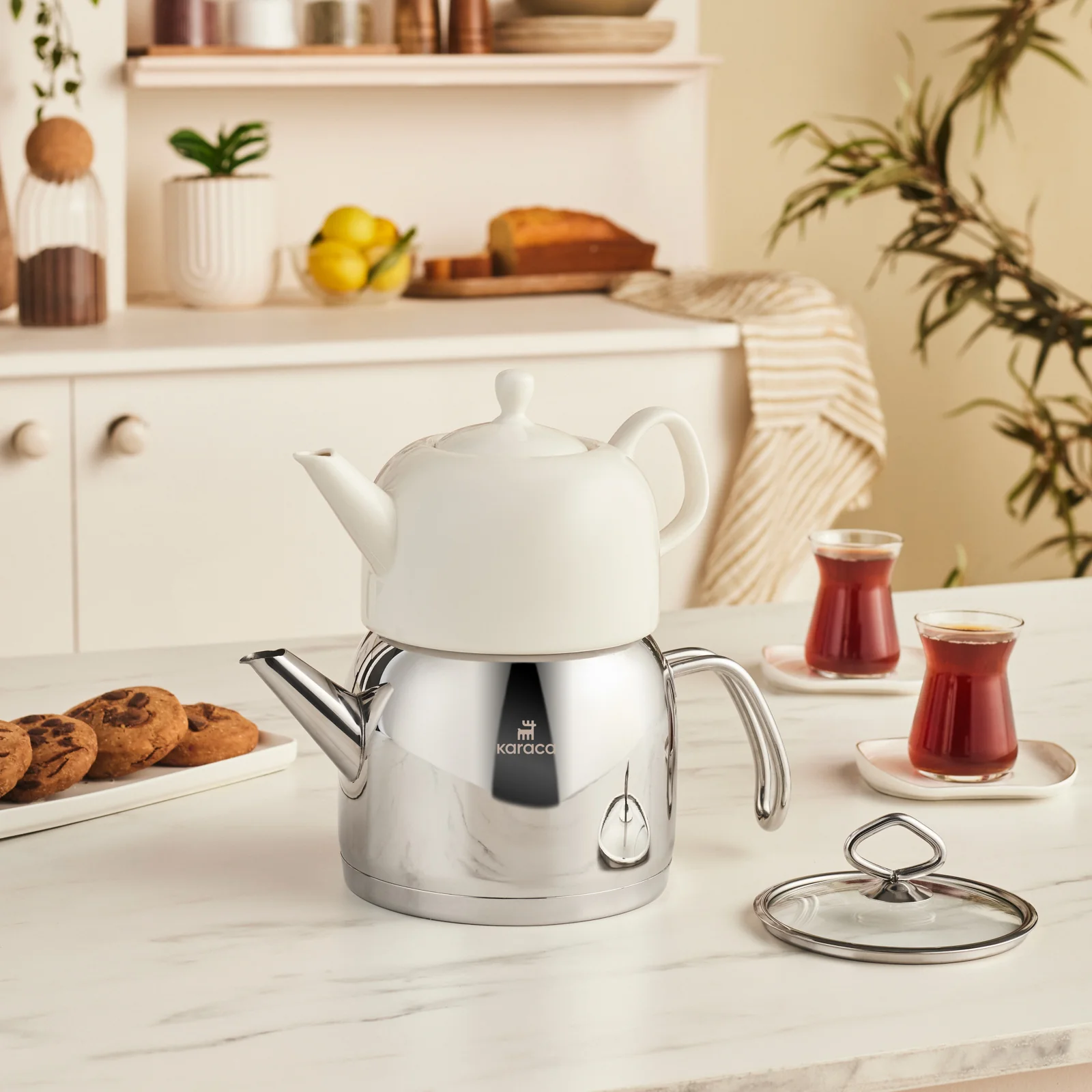 Karaca Pocelinox Porcelain & Stainless Steel Teapot Set, XL, Silver