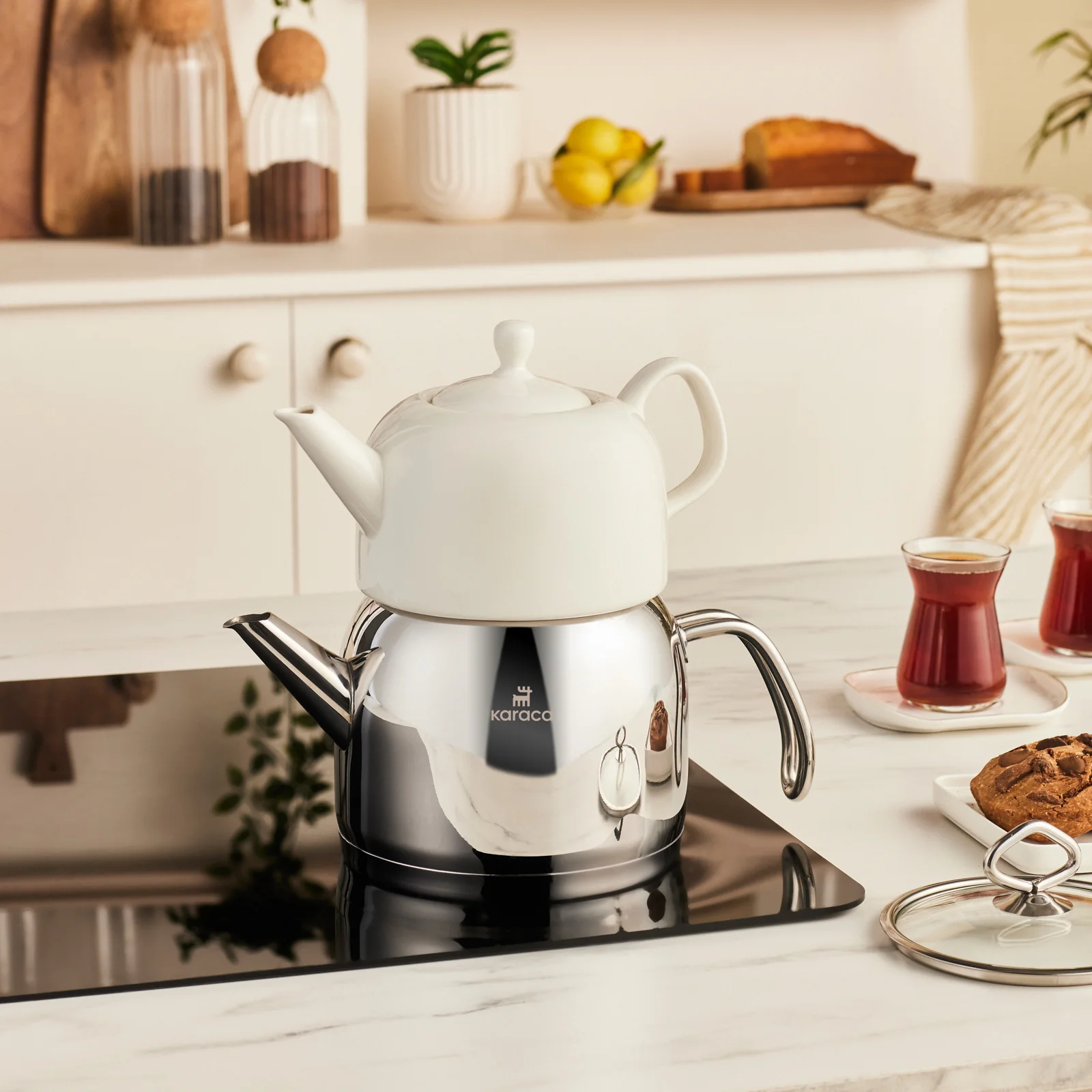 Karaca Pocelinox Porcelain & Stainless Steel Teapot Set, XL, Silver - Image 2