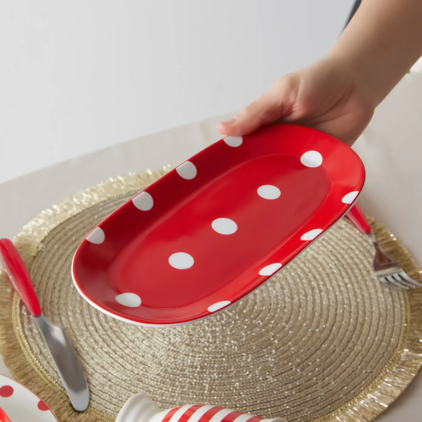 Karaca Polka Dot Porcelain Serving Platter, 26cm, Red Multi