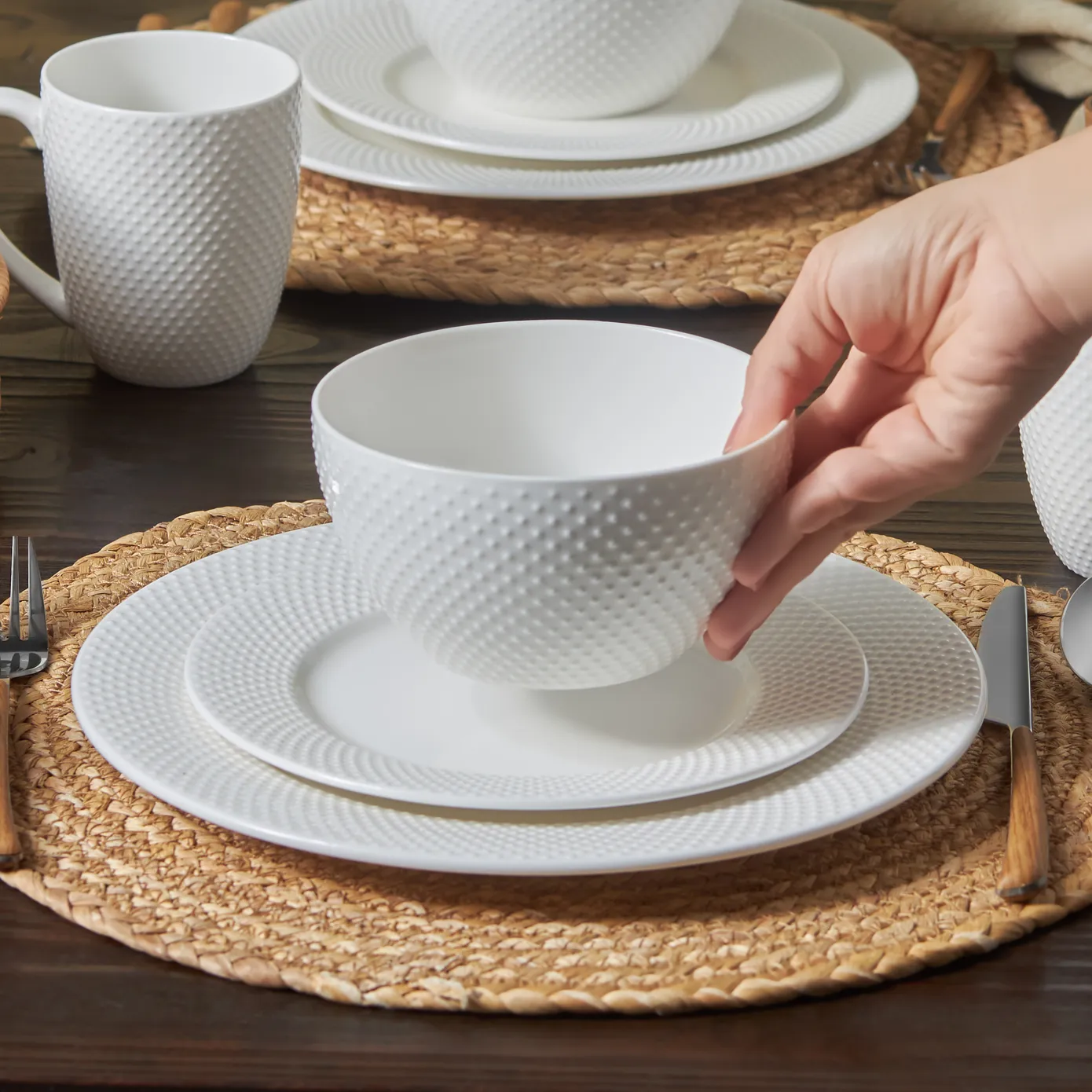 Karaca Punto Embossed 16-Piece Bone China Dinner Set for 4 People, White - Image 3