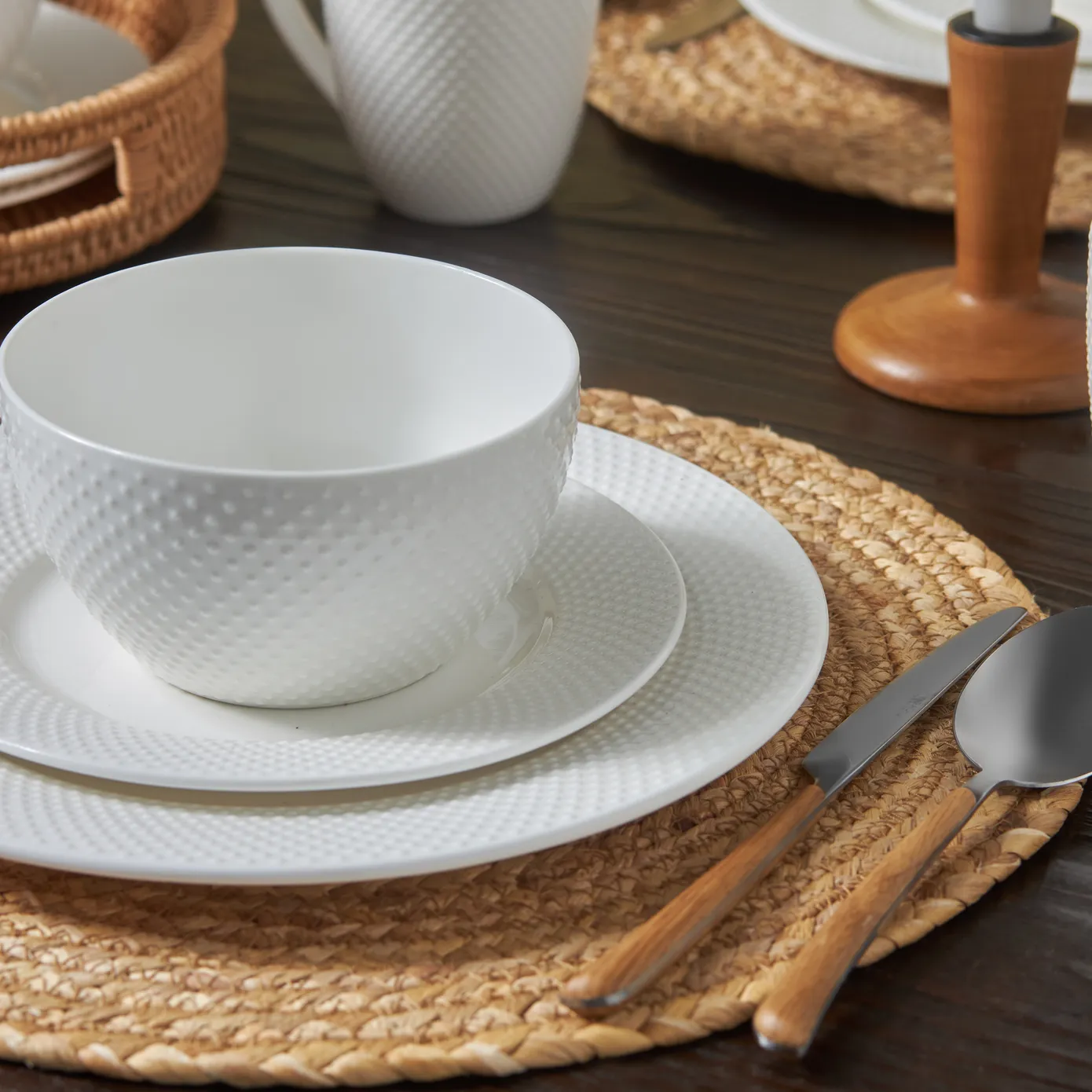 Karaca Punto Embossed 16-Piece Bone China Dinner Set for 4 People, White - Image 4