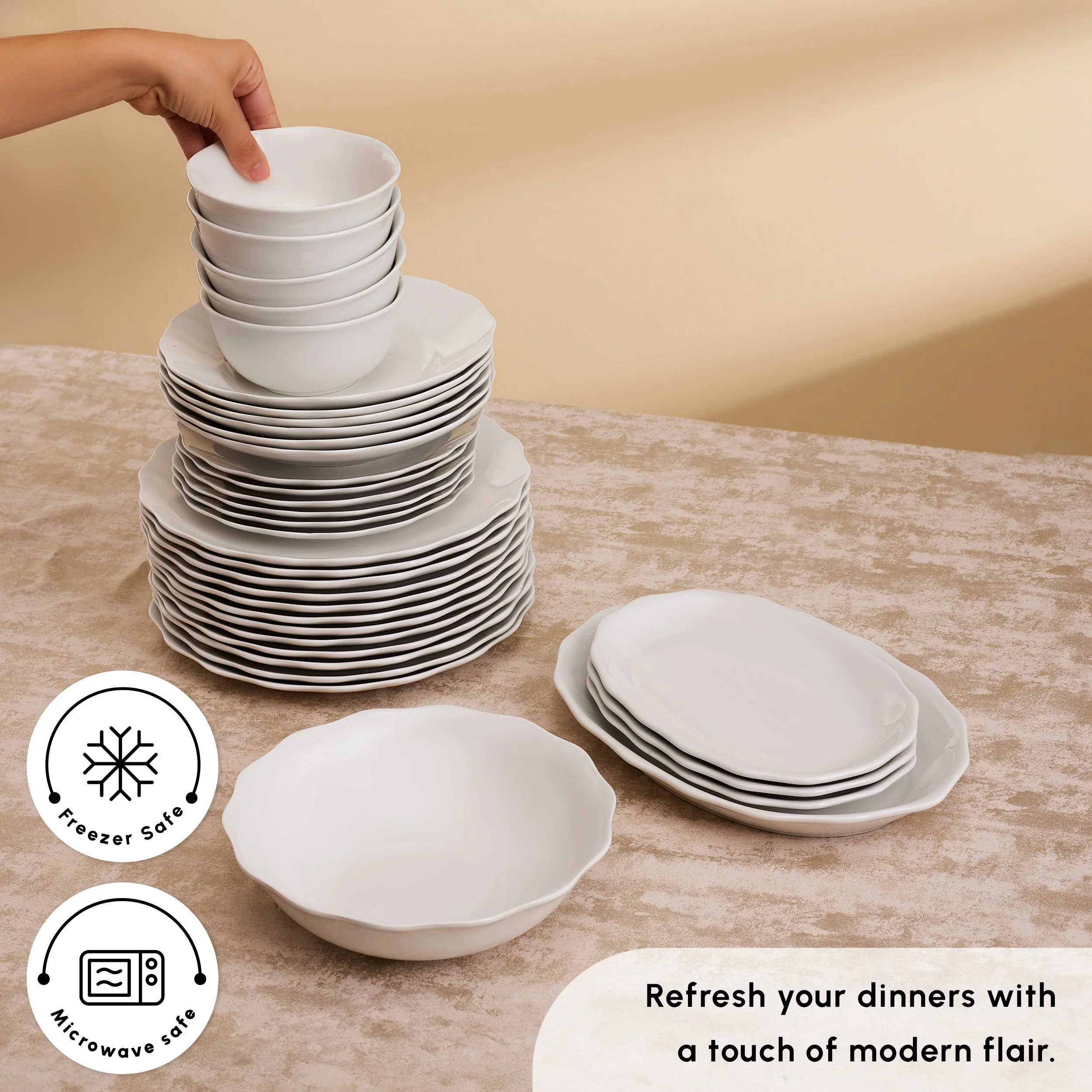 Karaca Rafaela 53-Piece Porcelain Dinner Set for 12 People, White - Image 5