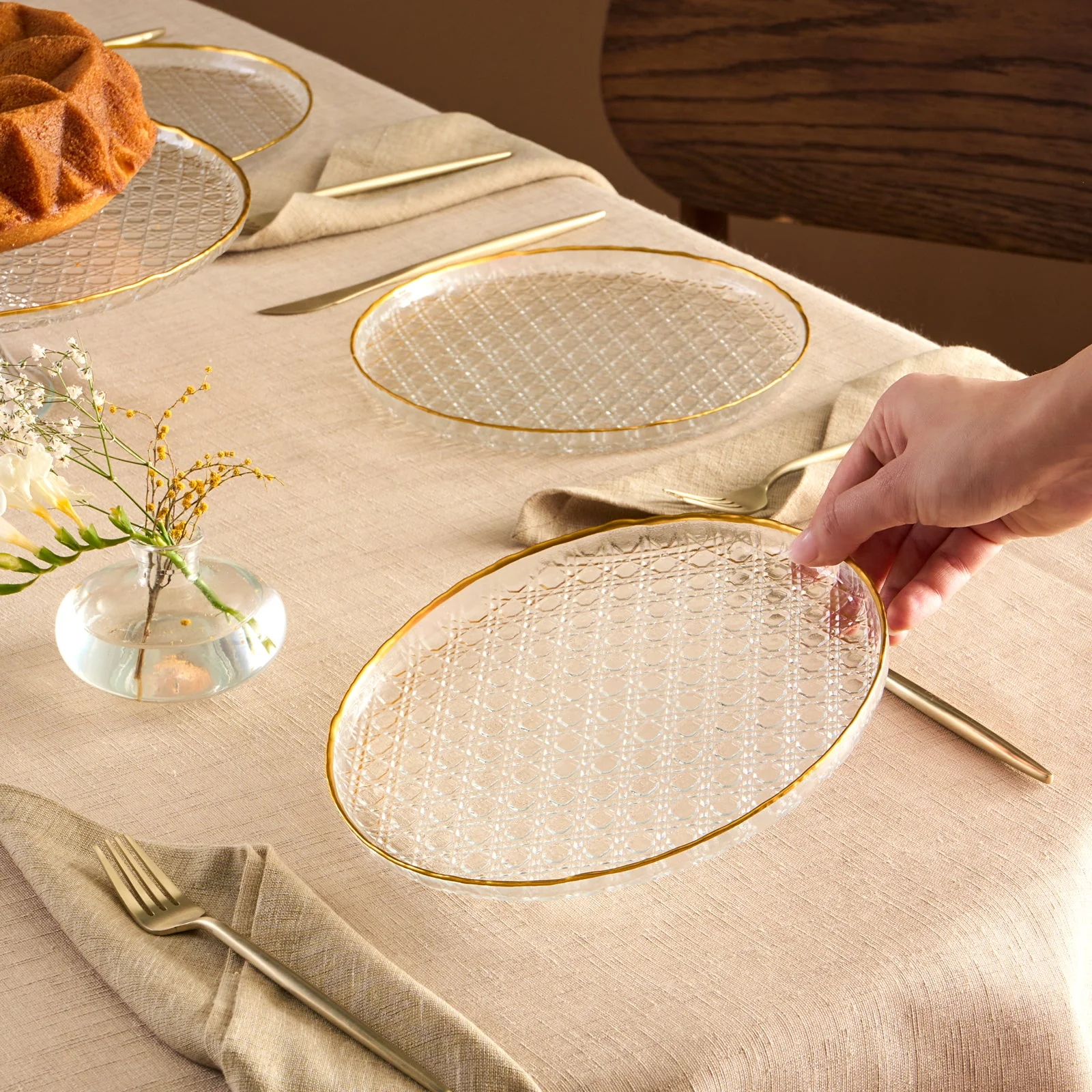 Karaca Rattan 7-Piece Serveware Set for 6 People, Gold - Image 3