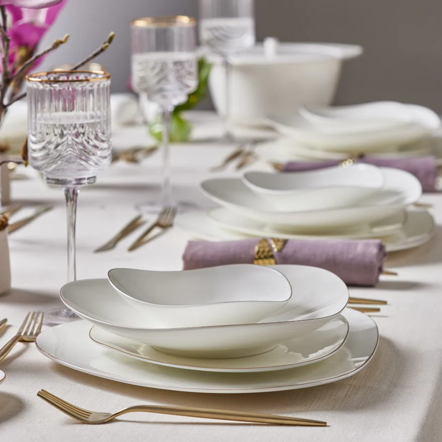 Karaca Red Carpet Collection Fine Pearl Extra Tristan 62-Piece Dinner Set for 12 People, White Gold - Image 3