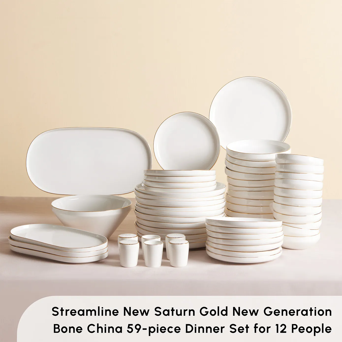 Karaca Red Carpet Collection Stream Bone China New Saturn 59-Piece Dinner Set for 12 People, White Gold - Image 3