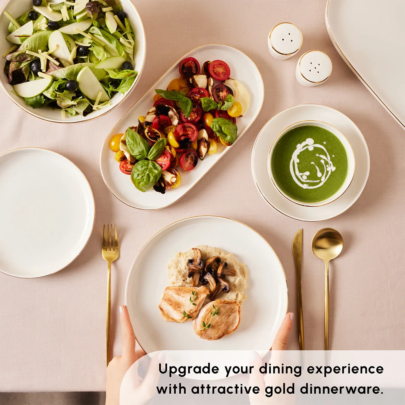Karaca Red Carpet Collection Stream Bone China New Saturn 59-Piece Dinner Set for 12 People, White Gold - Image 4