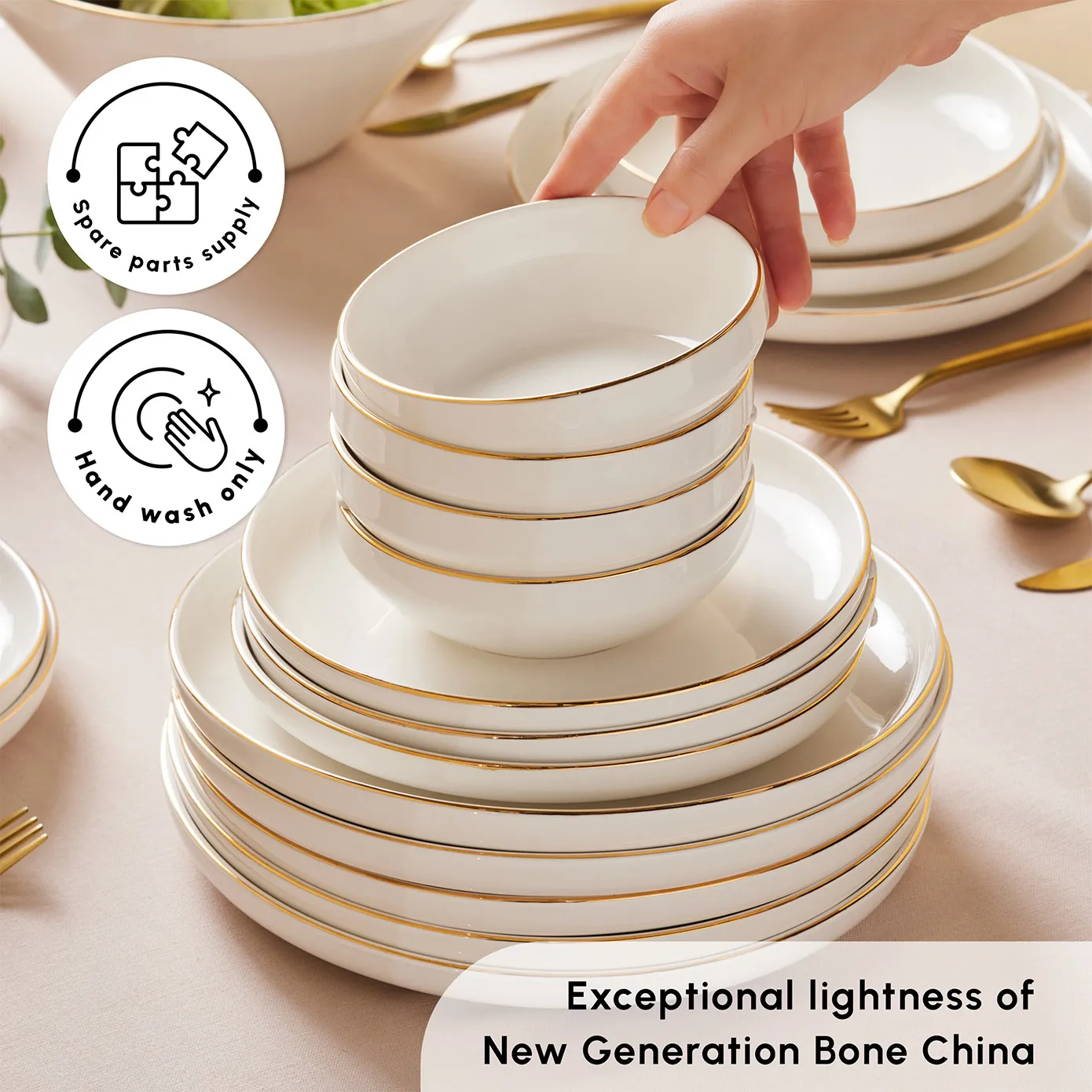 Karaca Red Carpet Collection Stream Bone China New Saturn 59-Piece Dinner Set for 12 People, White Gold - Image 6