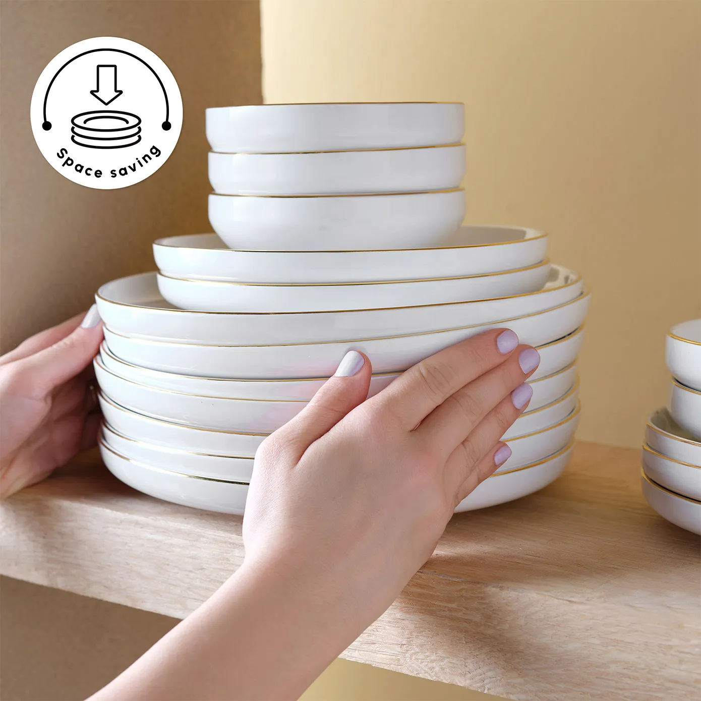 Karaca Red Carpet Collection Stream Bone China New Saturn 59-Piece Dinner Set for 12 People, White Gold - Image 8